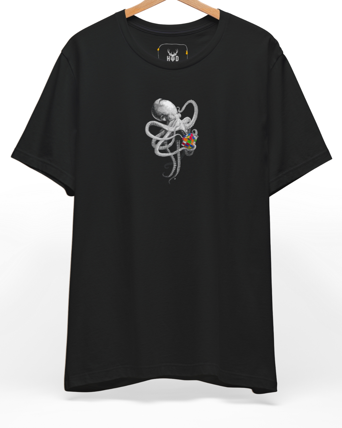 Premium Smart Octopus Shirt displaying a unique aesthetic animal art ideas puzzle style deep teal cotton studio holydeer layout on a deep teal top backdrop, designed by Holydeer Clothing.