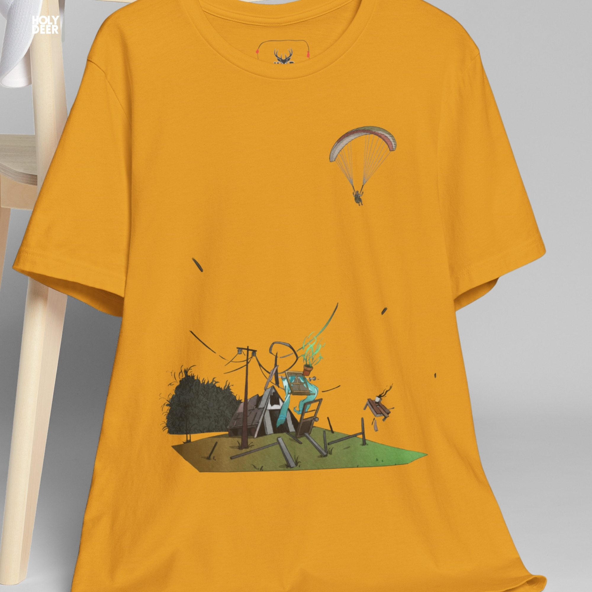 Macro view of the Paragliding Tee print showcasing intricate sky adventure art lines, sleek flying debris textures, and the raw creative artist wear rendering crafted exclusively by Holydeer Streetwear.