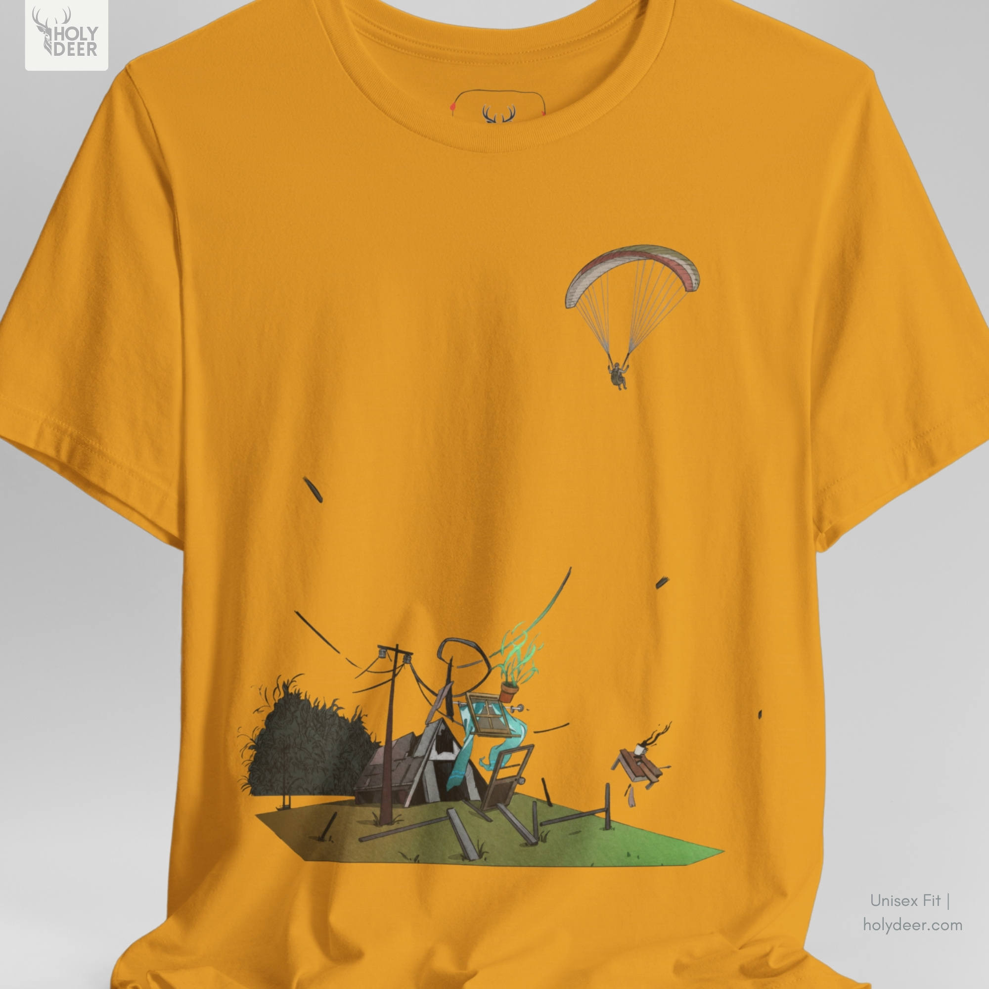 Alpine lifestyle model wearing the centered Paragliding Tee from Holydeer Clothing, standing as a high-end storm chaser shirt statement matching elite quirky streetwear trends.