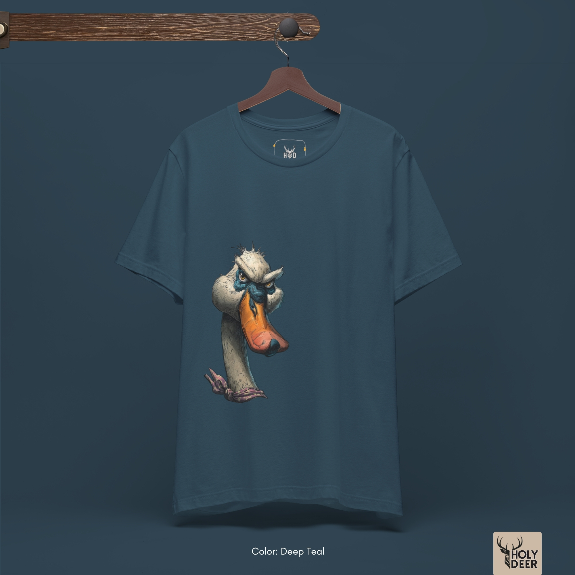 Dark shadow studio backdrop framing the unique Grumpy Duck Shirt by Holydeer Streetwear, magnifying the clean asymmetric graphic placement and premium modern graphic shirt presentation.