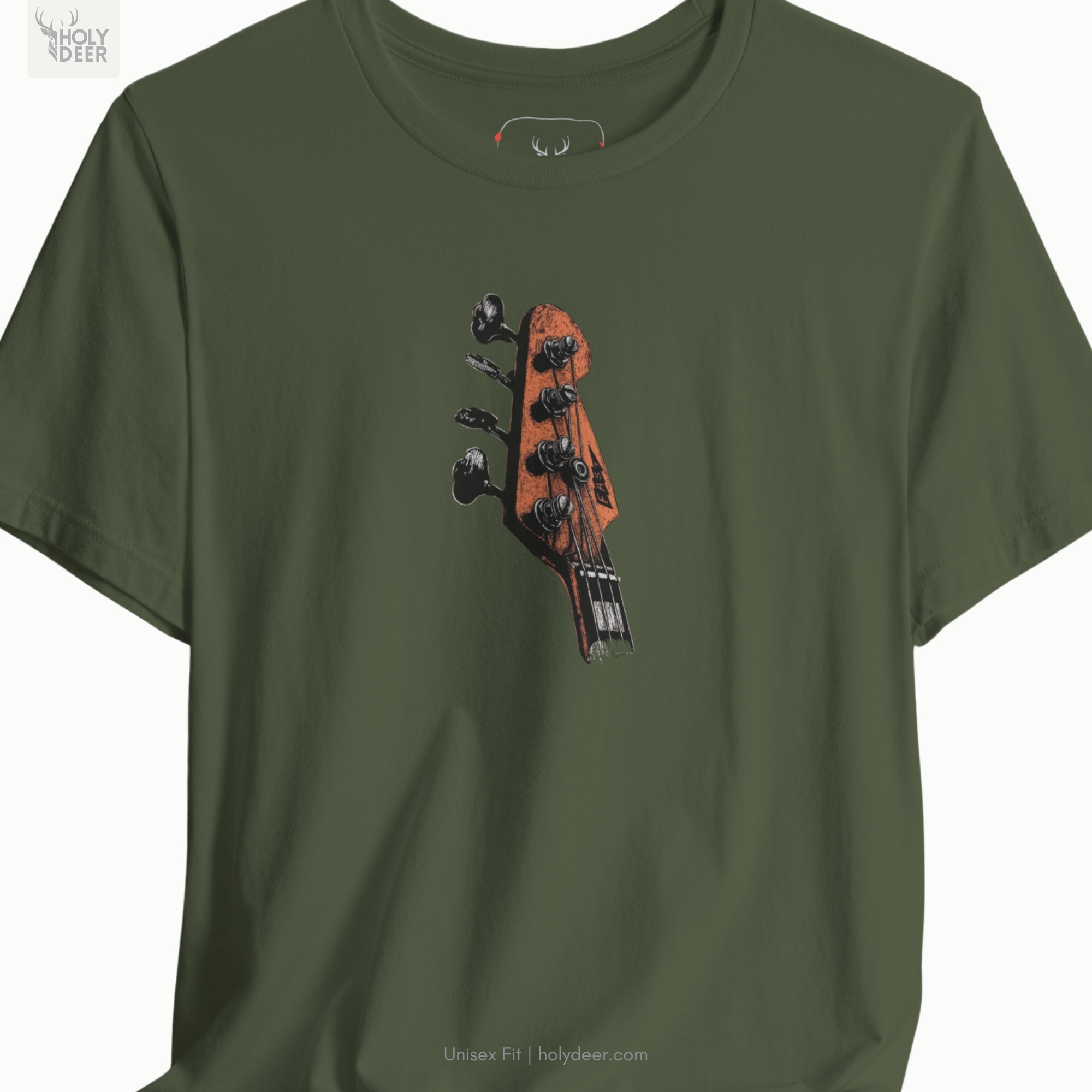 Minimalist shadow cast backdrop focusing on the standalone frame of the Bass Guitar Tee by Holydeer, proving it acts as a unique artist gift and an essential vintage rock top.