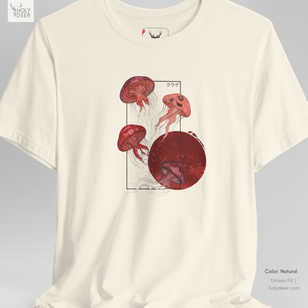 Soft dramatic warm ray shadow studio backdrop framing the unique Jellyfish T-Shirt by Holydeer Streetwear, magnifying the clean centered rising sun graphic placement and premium cream graphic tee presentation.