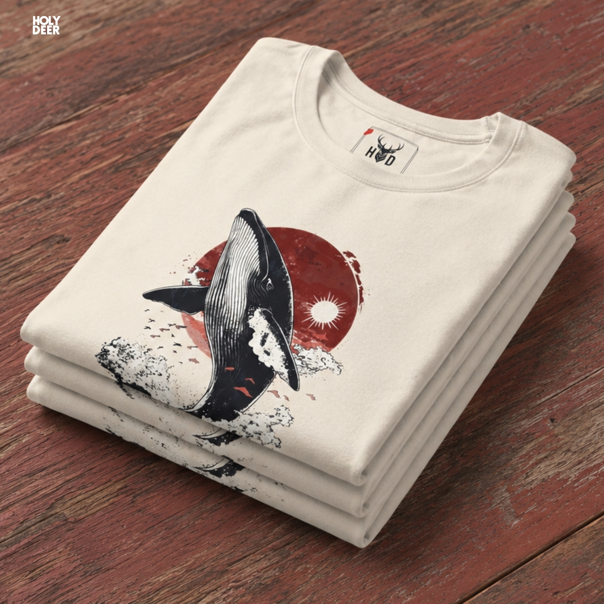 Macro view of the Kanagawa Wave Tee print showcasing intricate ink line work on the whale throat grooves, distressed rising sun graphic textures, and fine splash droplets crafted exclusively by Holydeer Streetwear.