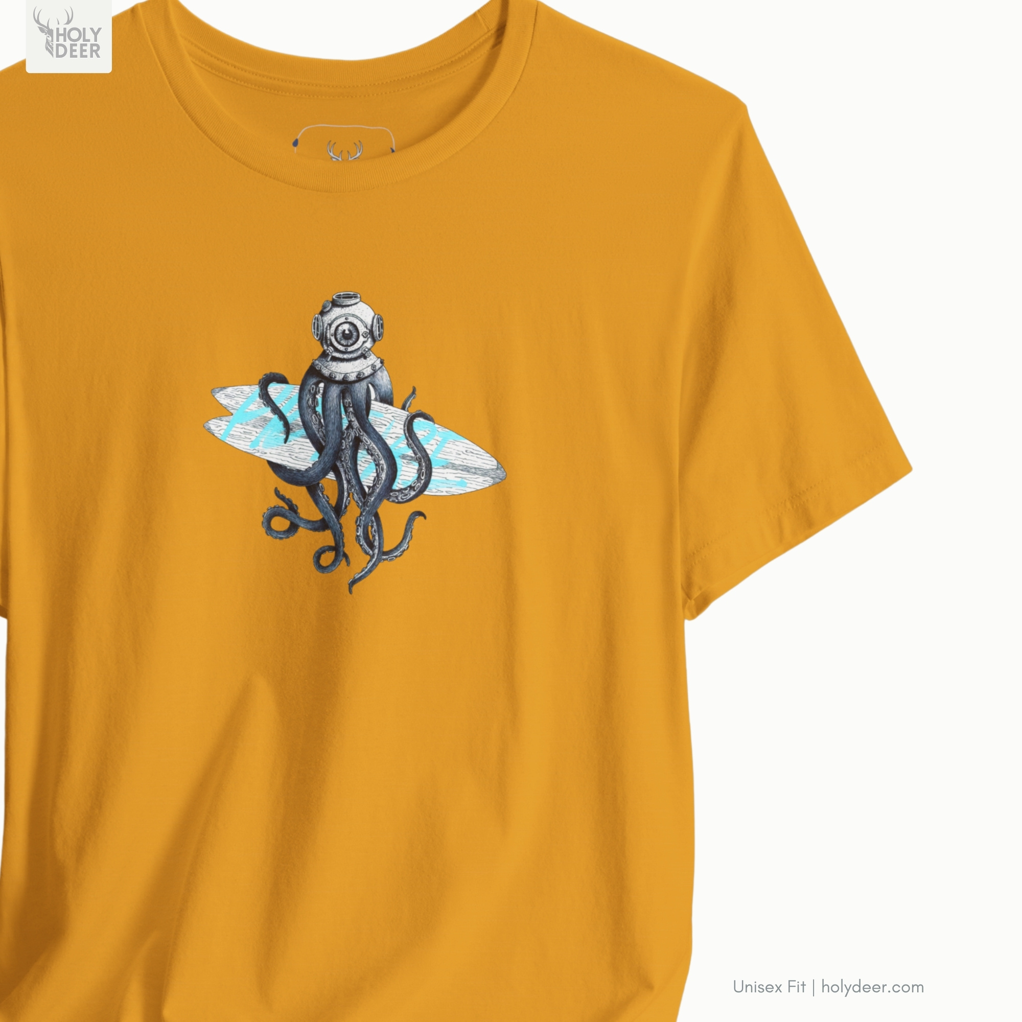 Macro view of the vintage diver kask viewing glass embedded in the Diver Octopus Shirt artwork, showing the line-art depth that separates this holydeer tee from generic garments.