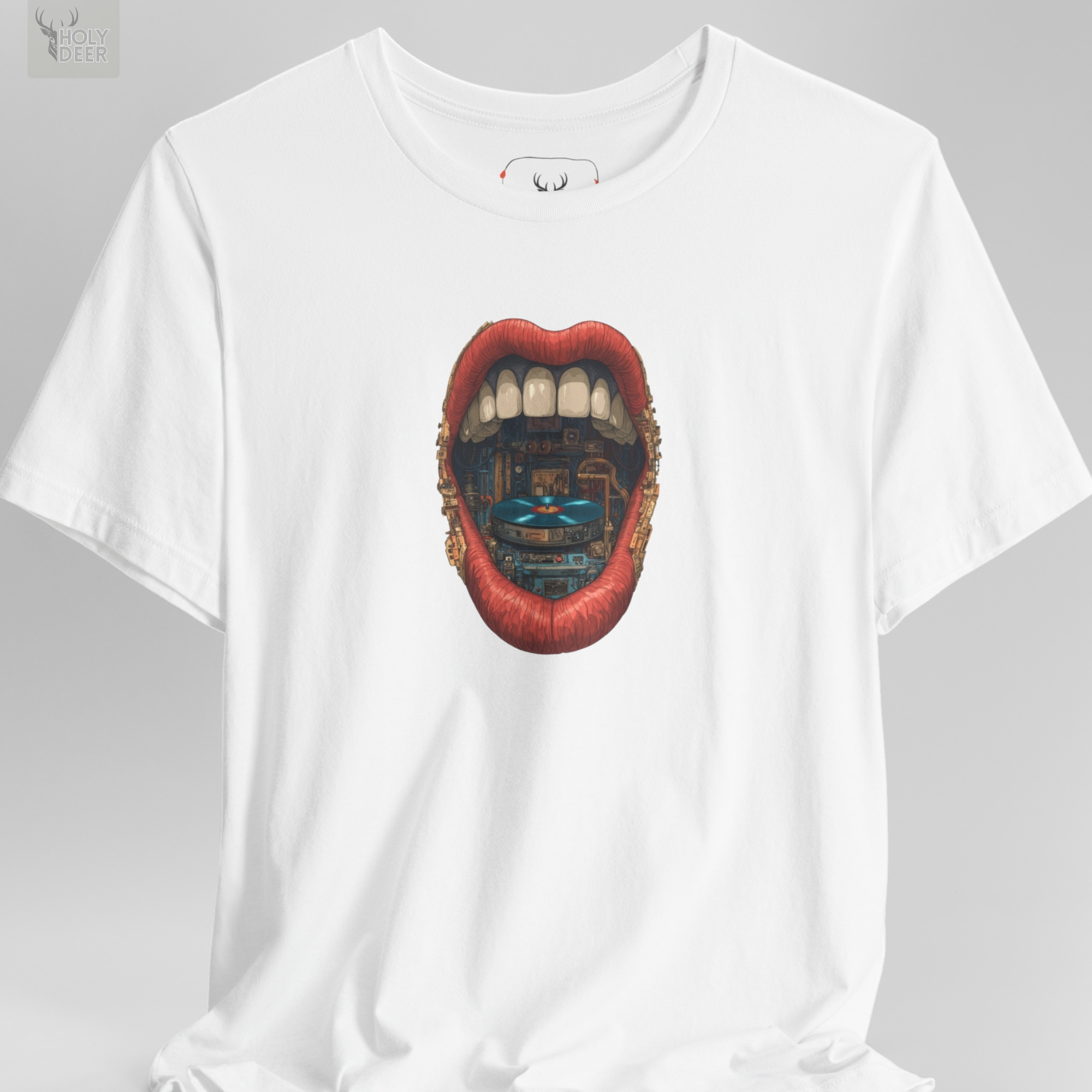 Moody high-contrast product edit of the Vinyl Record Tee, bringing out the darker retro music apparel lines and establishing Holydeer Clothing as the supreme design authority.