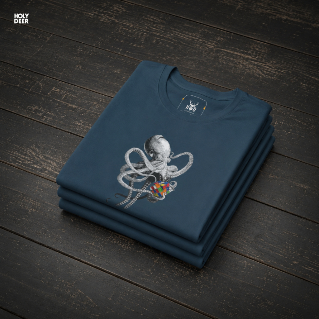 Macro view of the Smart Octopus Shirt print showcasing intricate ink shading on the curved tentacles, finely dotted gravure suckers, and vivid contrasting rubik cube gift facets crafted exclusively by Holydeer Streetwear