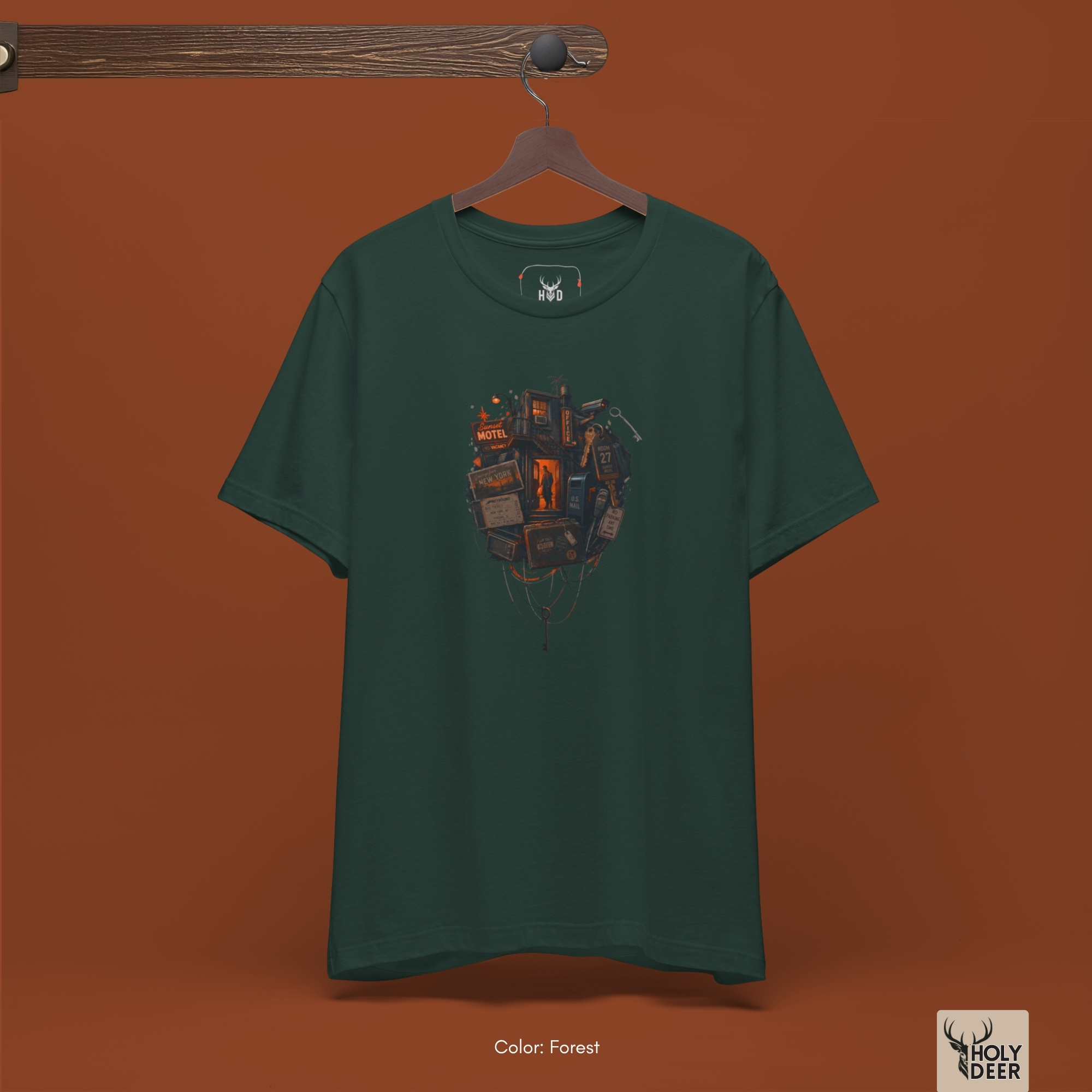 Premium Cyberpunk Tee resting on a wooden hanger, showcasing the clean collar lines, the high-detail cyber noir t-shirt art, and the official holydeer.com premium apparel branding identity.