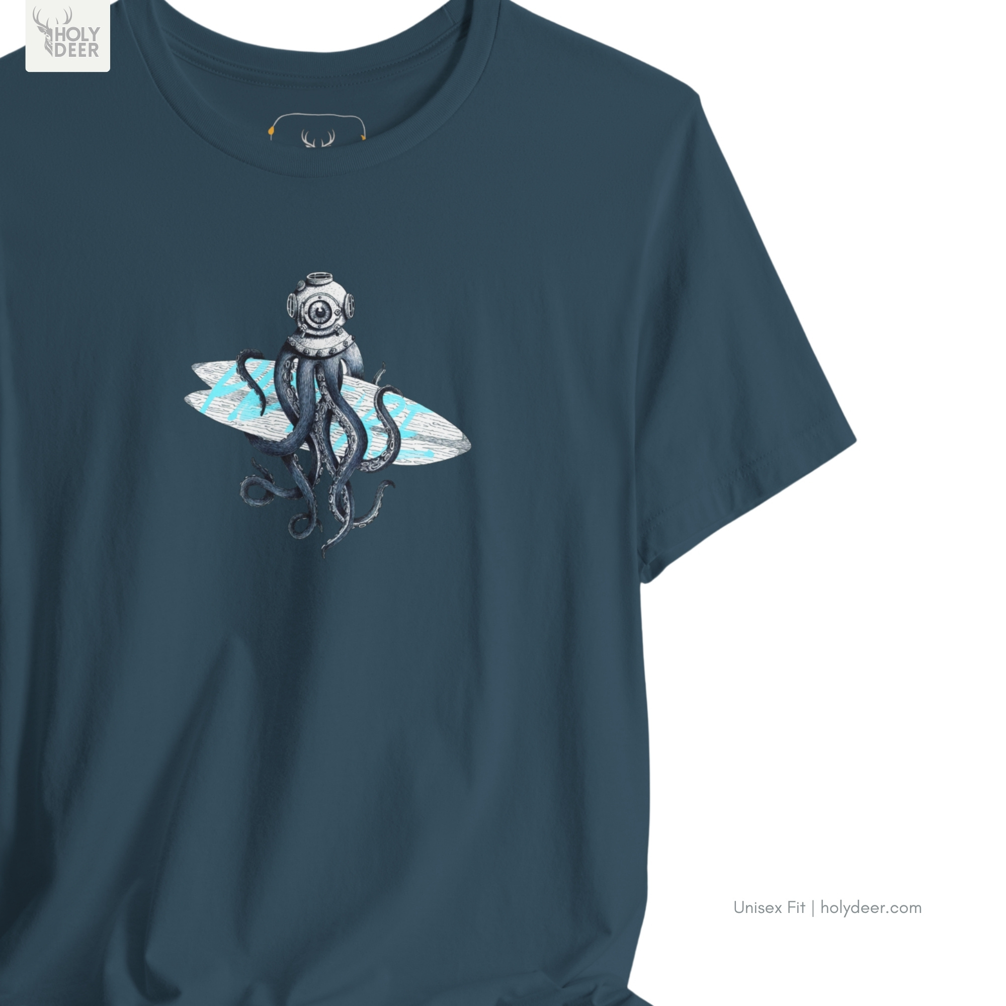 Coastal lifestyle model wearing the centered Diver Octopus Shirt from Holydeer Clothing, standing as a high-end surf lover shirt statement matching elite quirky streetwear trends.