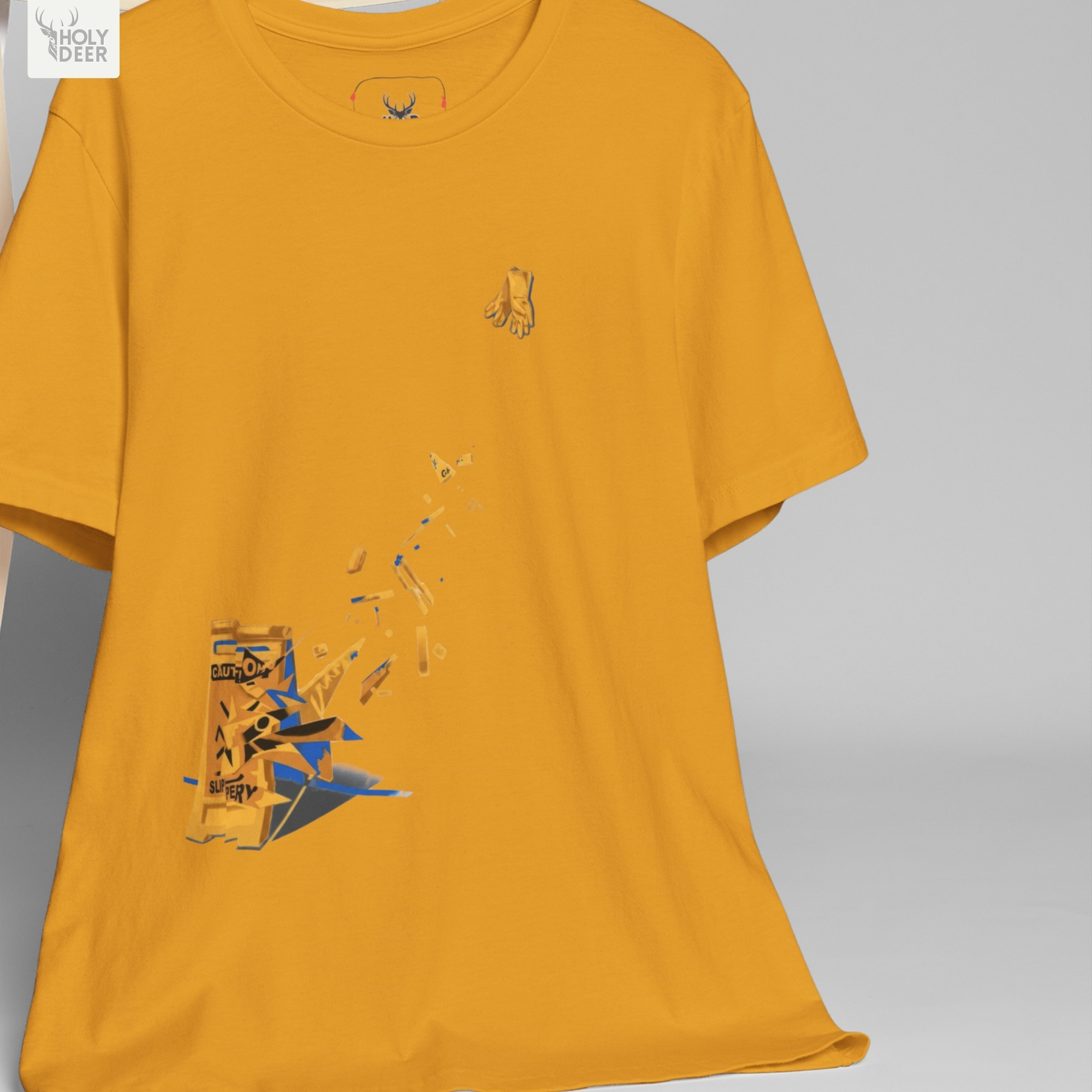 Professional flat lay photography of the Caution Sign Tee by Holydeer Apparel, arranged elegantly next to premium ironic streetwear sketches and high-end yellow hazard tee industrial accessories.
