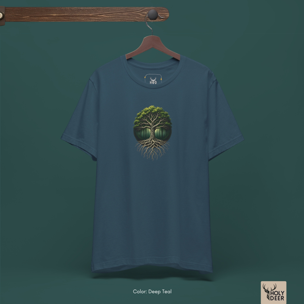 Top-down geometric layout of the neatly pressed black shirt, folded precisely to keep the circular nature artwork completely visible on the counter.