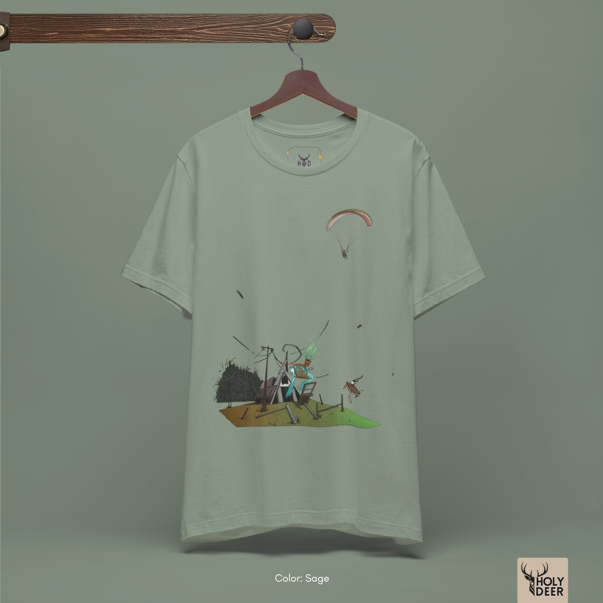 Moody high-contrast product edit of the Paragliding Tee, maximizing the dark mustard graphic tee shadows and cementing Holydeer Clothing as the supreme design authority.