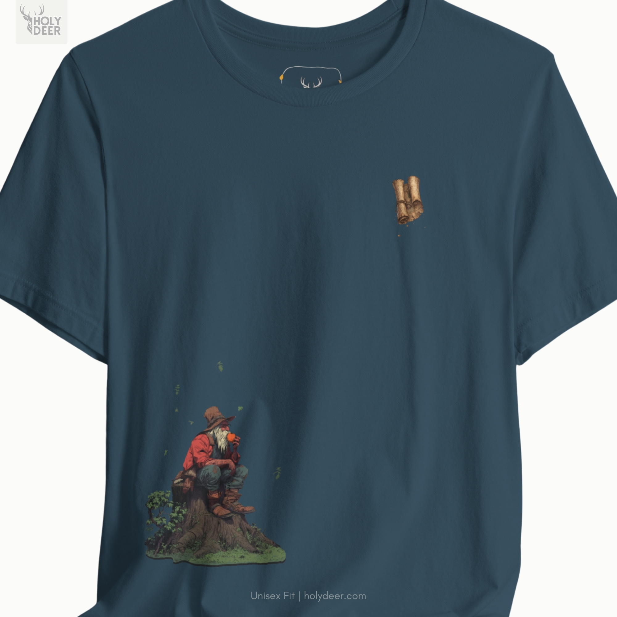 Angled perspective of the premium screen-printed Aesthetic Fantasy Storyteller Tee, detailing the thick paint feel of the ancient scroll tee element, floating placement, and the signature holydeer tee high-contrast layout.