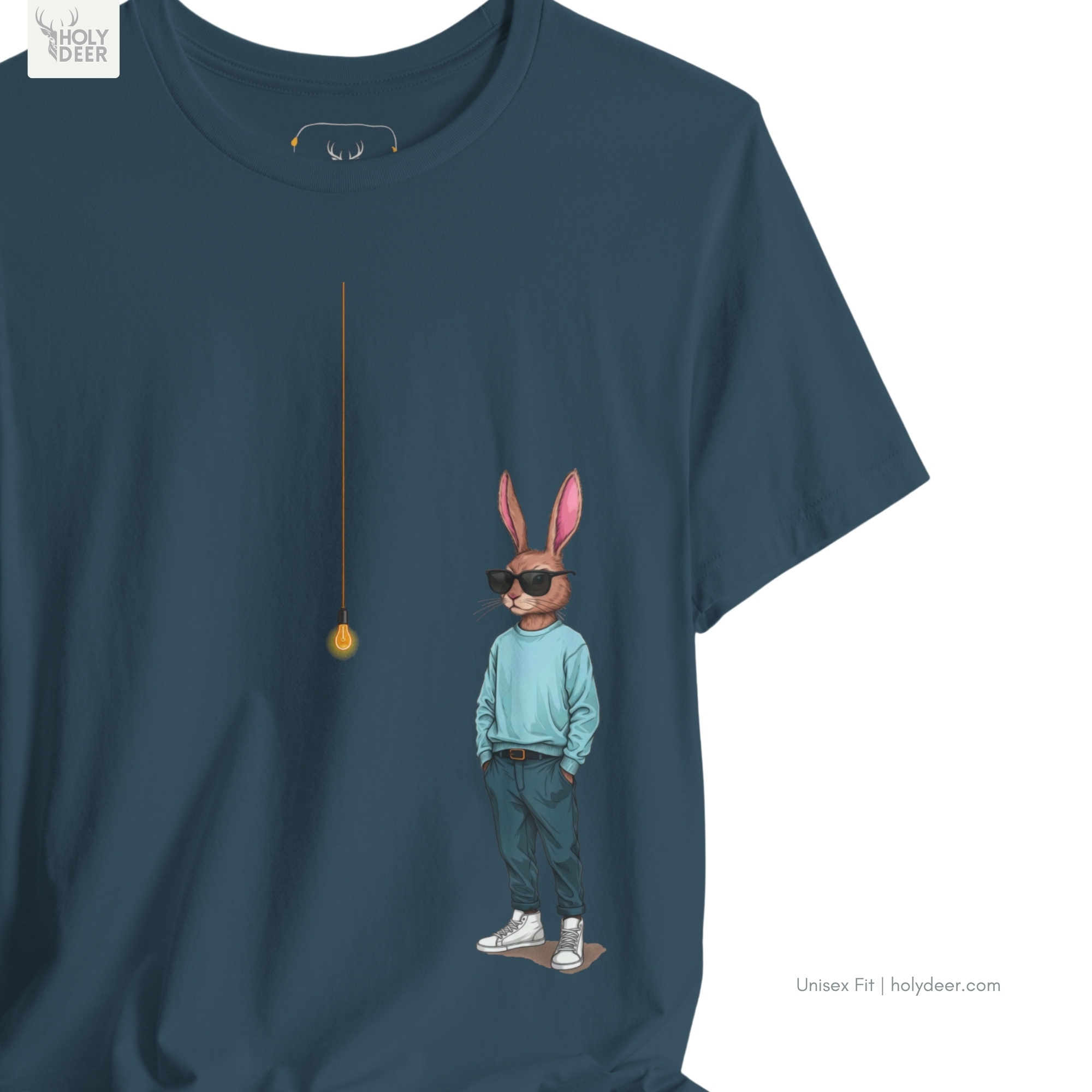Macro view of the Cool Rabbit Shirt print showcasing intricate wire filament glowing lines, realistic sunglass frames, and fine lofi aesthetic design details crafted exclusively by Holydeer Streetwear.