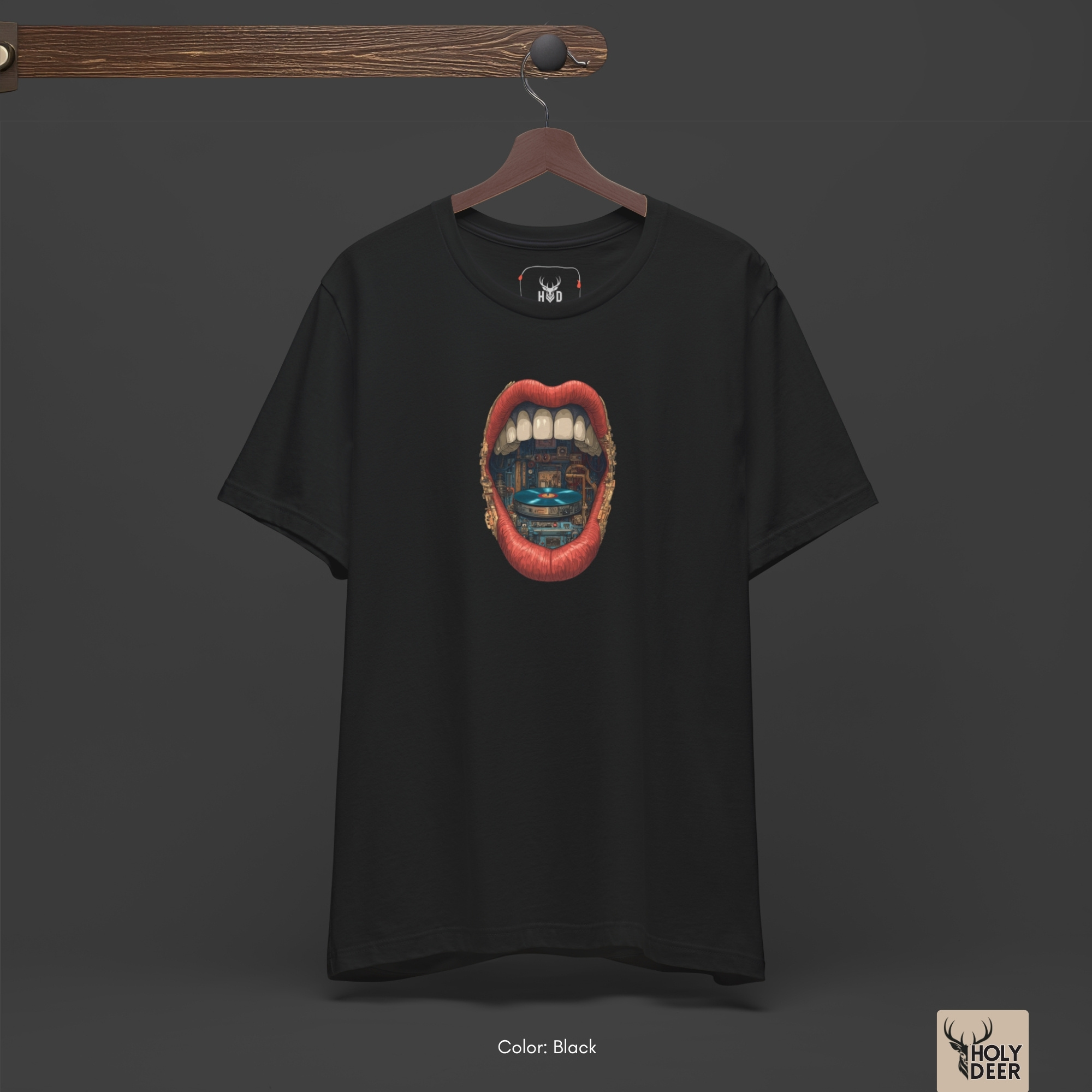 Angled view of the premium screen-printed Vinyl Record Tee, focusing heavily on the turntable deck details, retro music apparel alignment, and the undeniable holydeer tee stamp.
