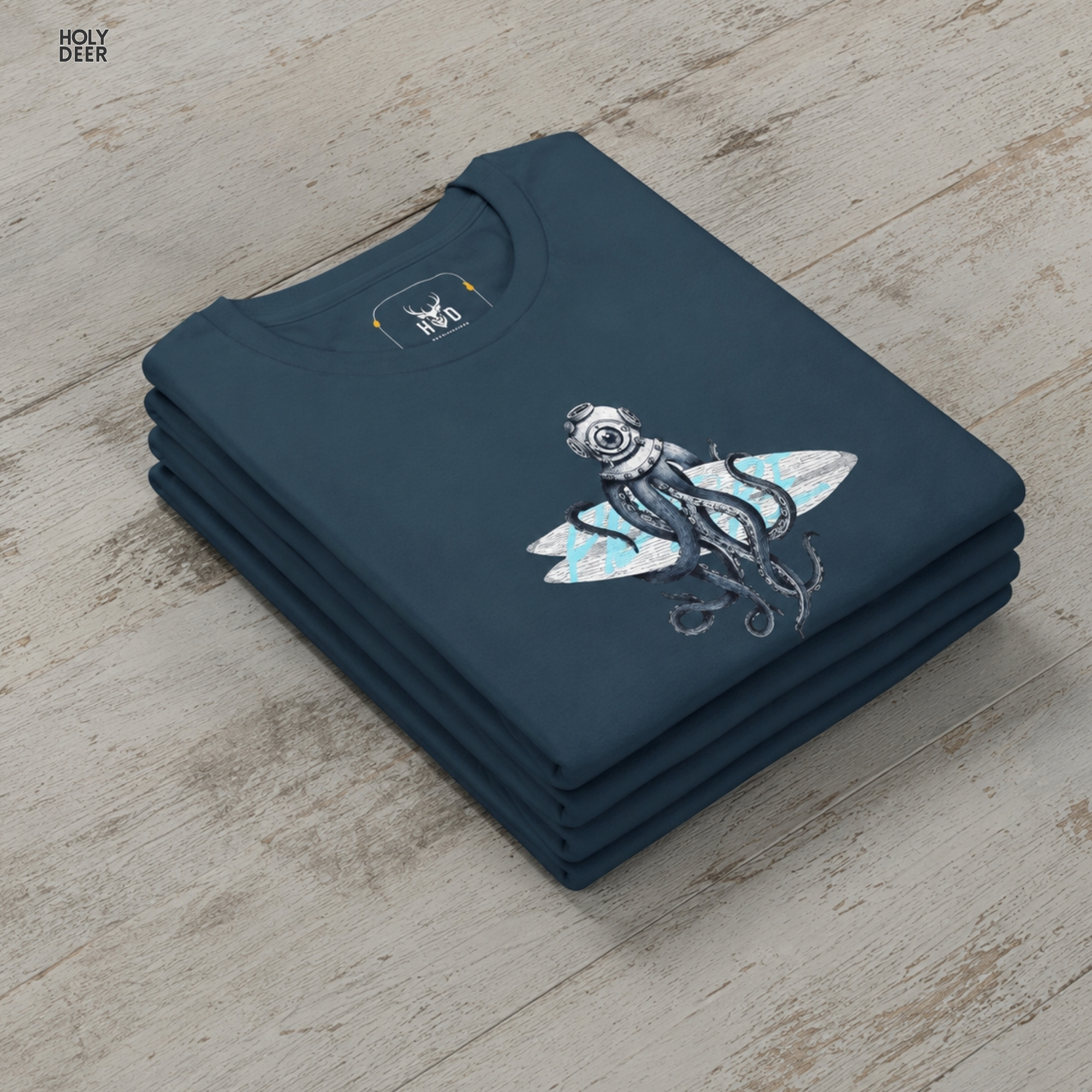 Macro view of the Diver Octopus Shirt print showcasing intricate marine illustration lines, sleek surfboard graphic textures, and the raw creative artist wear rendering crafted exclusively by Holydeer Streetwear.