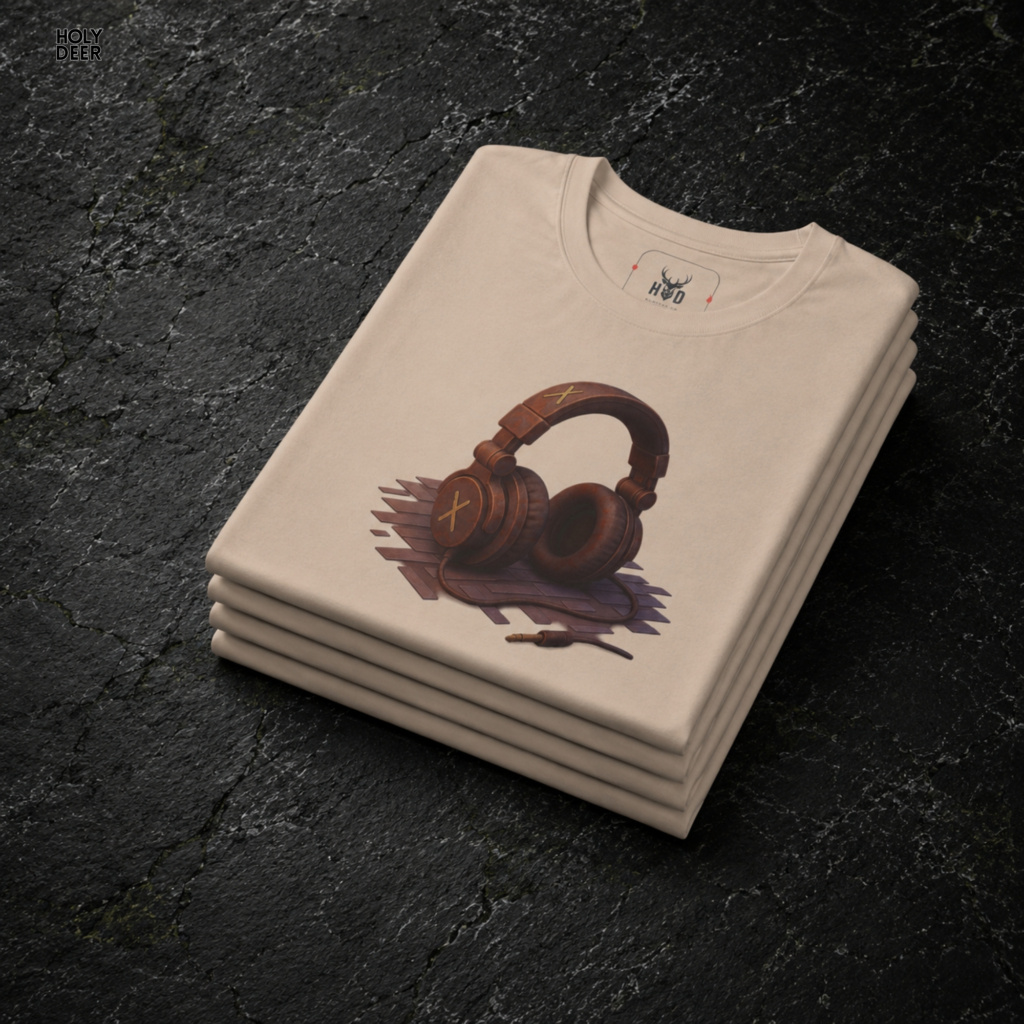 Close-up perspective of the minimalist sound tee garment showing the high-density analog hardware print on premium tan cloth.