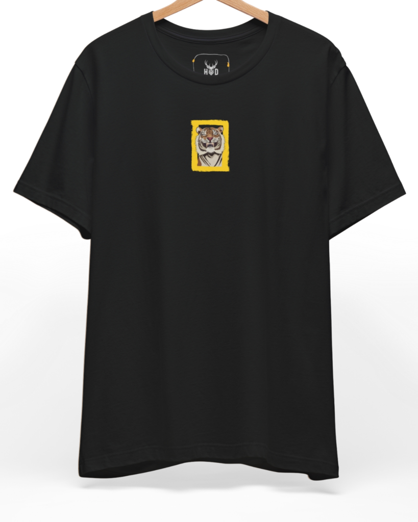 Front perspective of the mini-box-art-top-roaring-tiger-shirt-exclusive-drop.jpg garment showing the miniature print on a premium black Holydeer shirt.