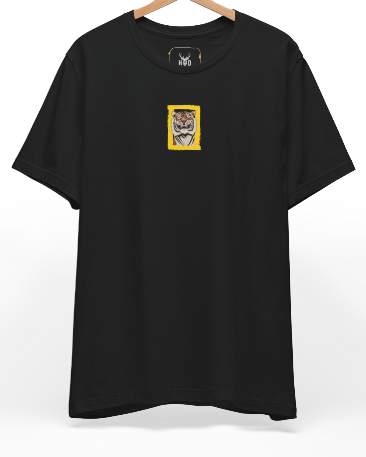 Front perspective of the mini-box-art-top-roaring-tiger-shirt-exclusive-drop.jpg garment showing the miniature print on a premium black Holydeer shirt.