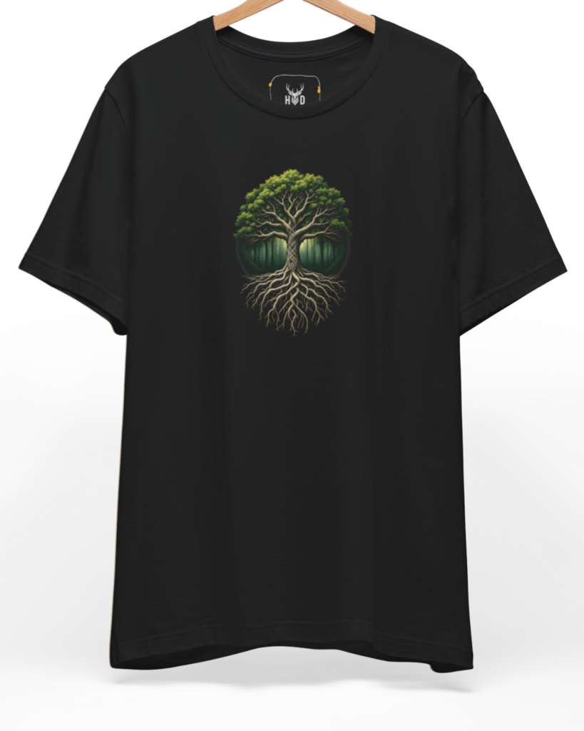 Centered showcase of the tree-of-life-tee-yggdrasil-shirt-sacred-geometry-holydeer.jpg apparel item displaying a circular green and bone-white cosmic tree emblem on dark fabric.