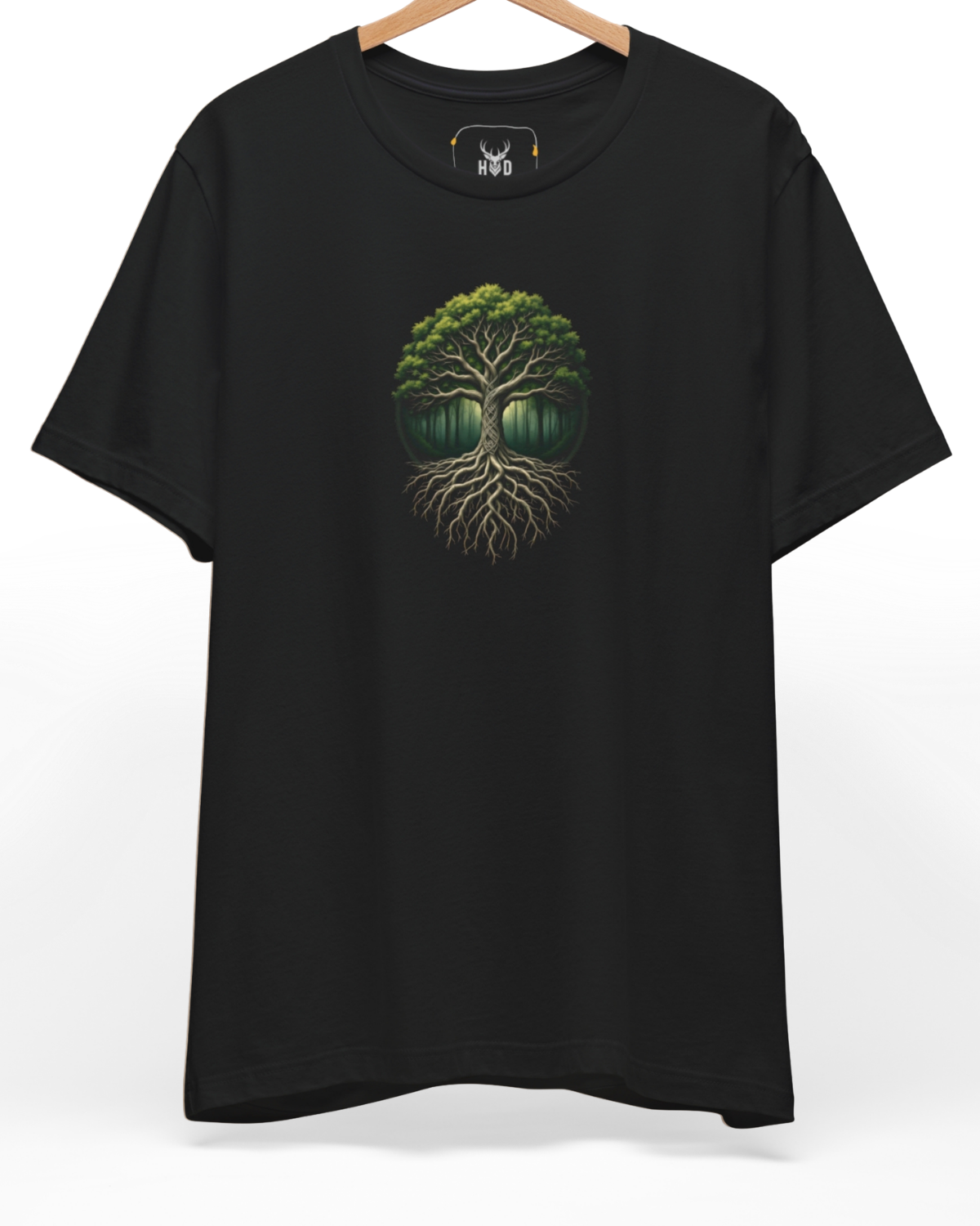Centered showcase of the tree-of-life-tee-yggdrasil-shirt-sacred-geometry-holydeer.jpg apparel item displaying a circular green and bone-white cosmic tree emblem on dark fabric.