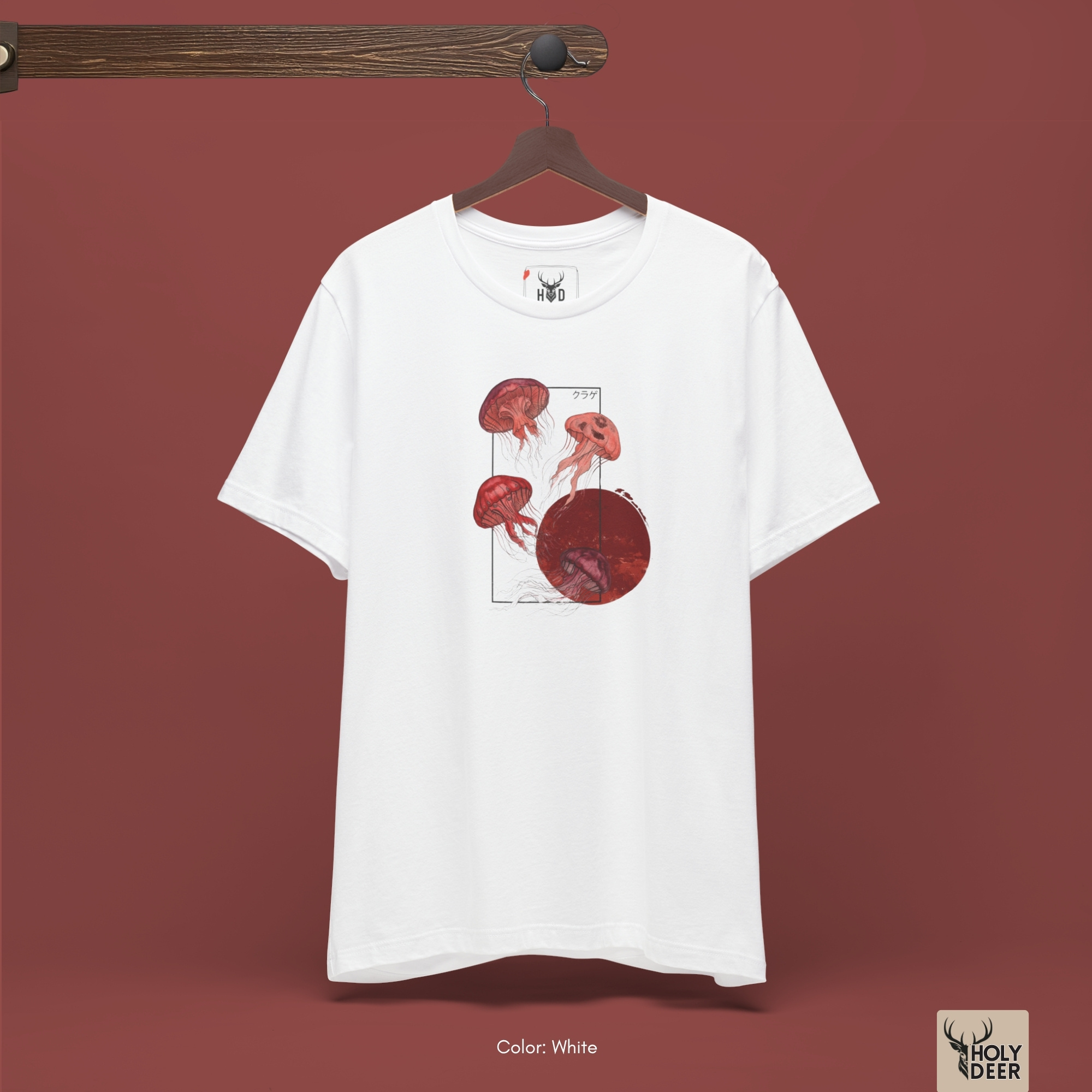 Angled perspective of the premium screen-printed Jellyfish T-Shirt, detailing the thick paint feel of the escaping tendril layout and sharp black border frames, center layout placement, and the signature holydeer tee high-contrast design.