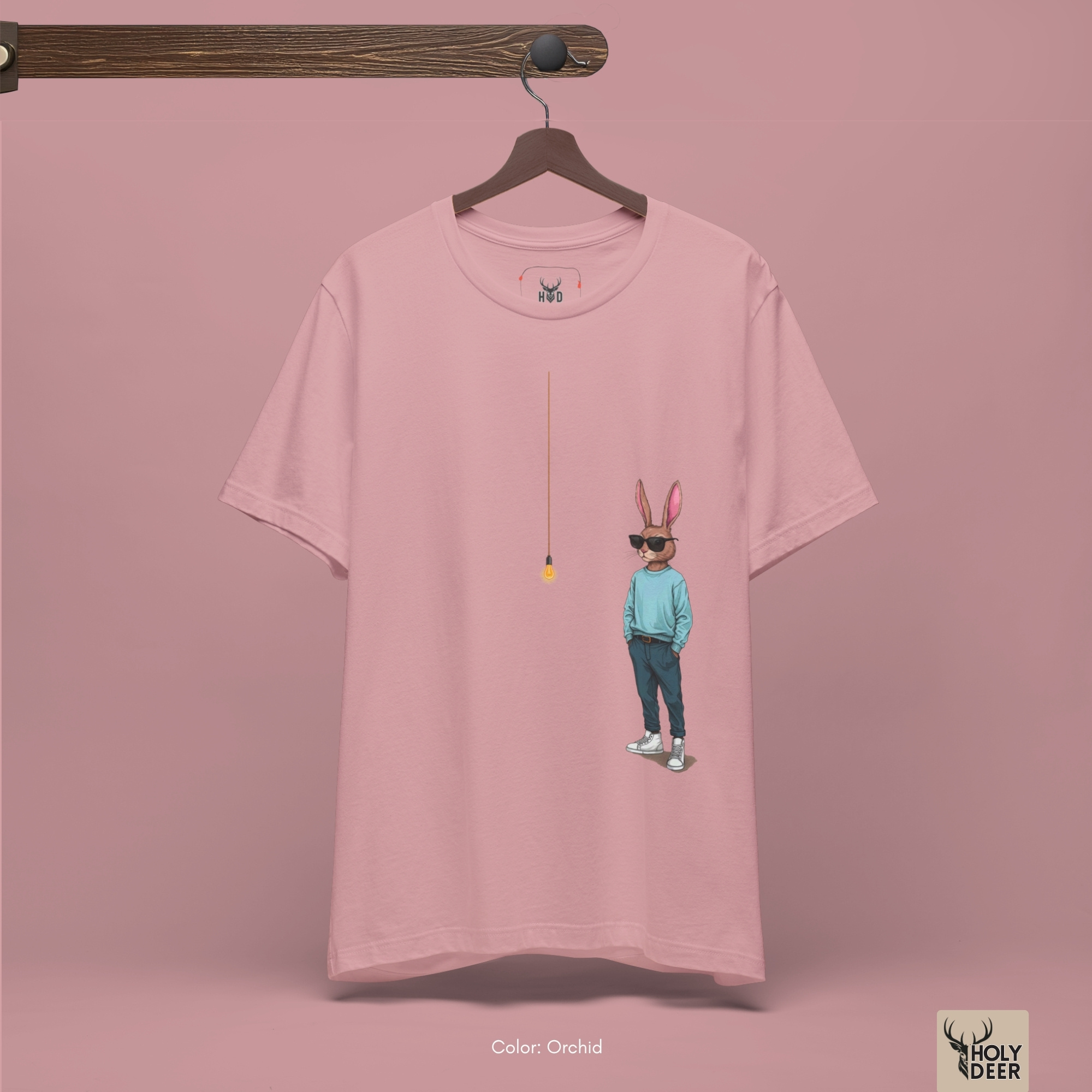Macro view of the fine line-art details and clean contrast shading on the rabbit's high-top white sneakers and ground shadows embedded in the Cool Rabbit Shirt artwork, showing the print depth that separates this holydeer tee from generic garments.