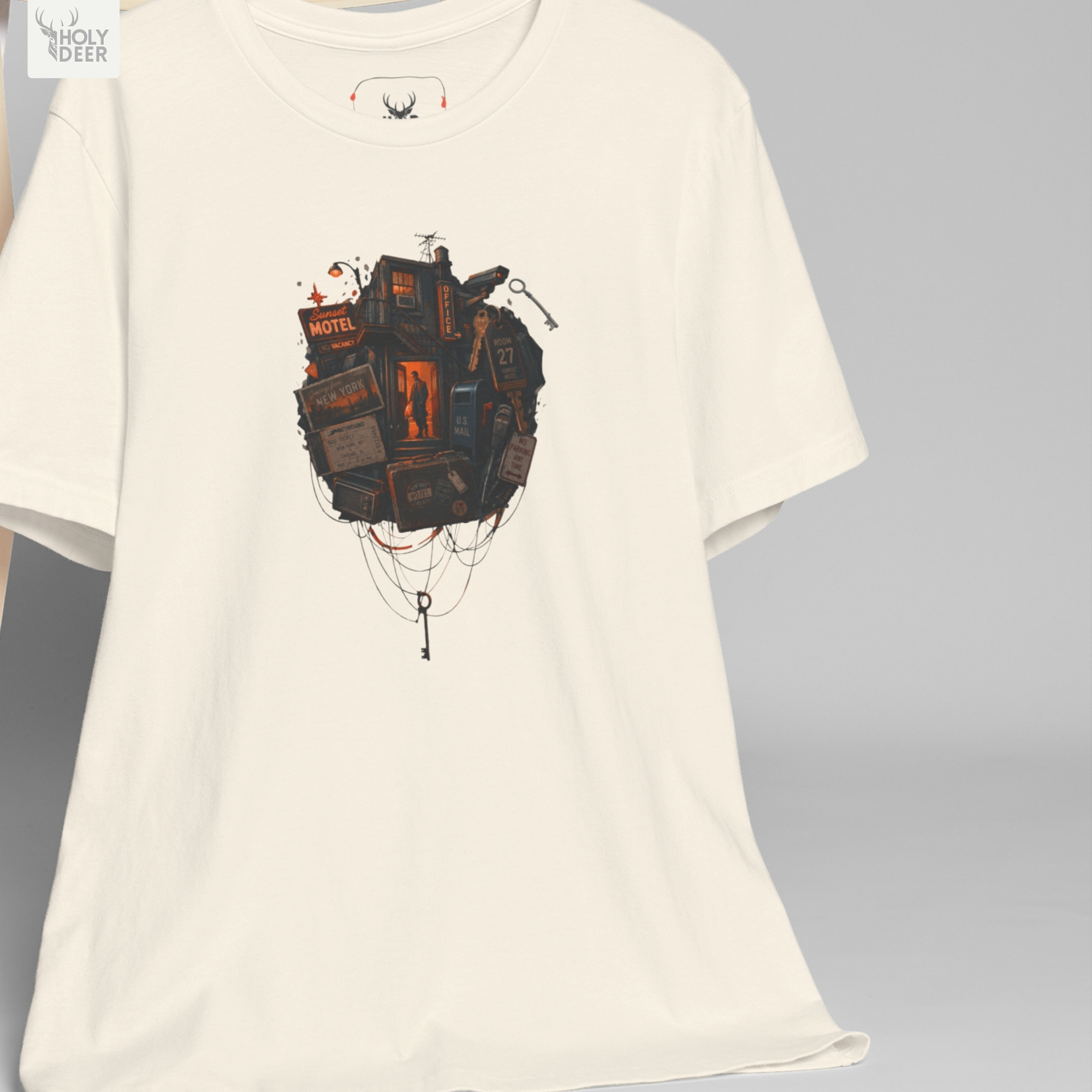 Minimalist backdrop presentation of the Cyberpunk Tee from Holydeer, focusing heavily on the futuristic graphic appeal, unique artist gift value, and elite indie creator wear status.