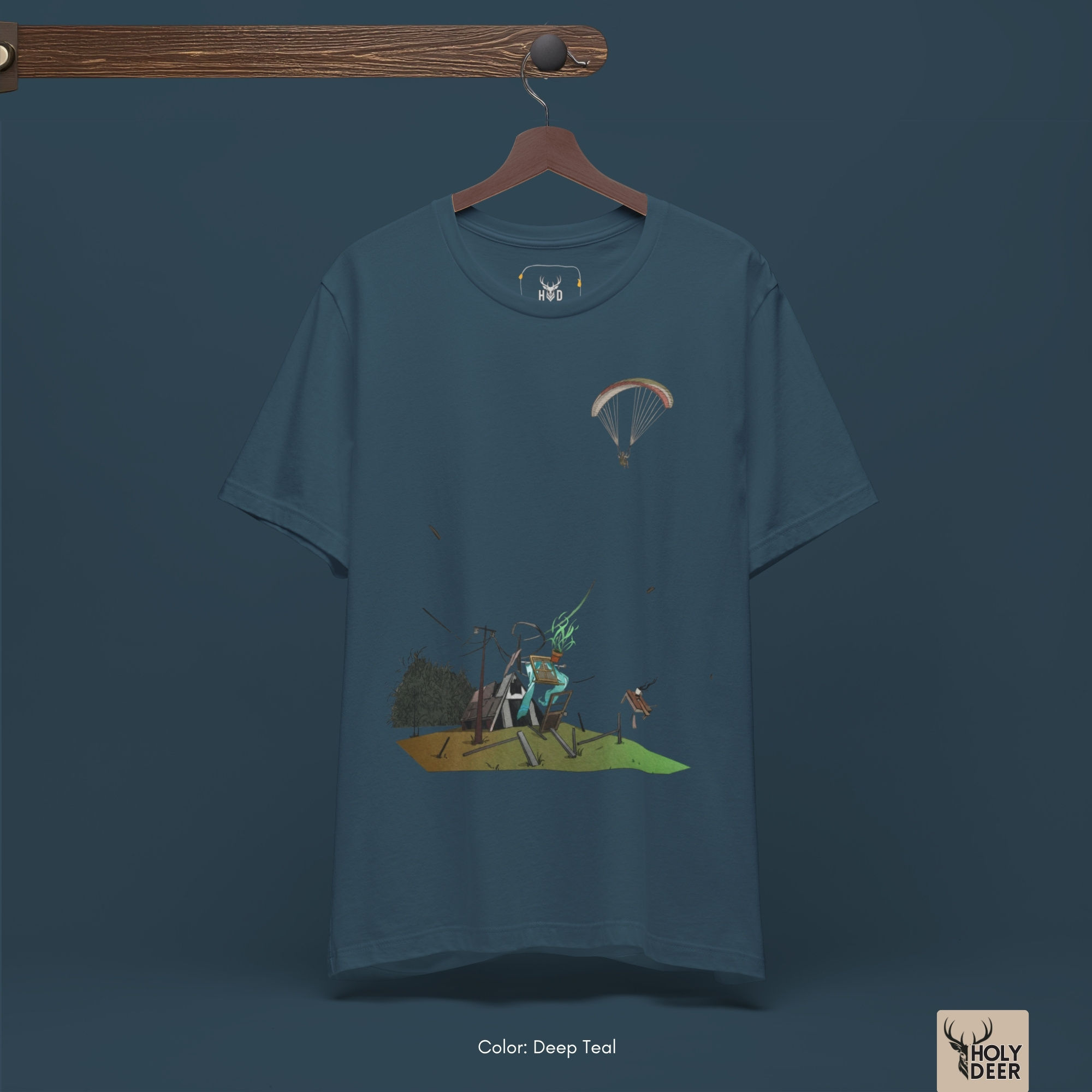 A candid alpine lifestyle photo featuring a model wearing the official Paragliding Tee by Holydeer Clothing, blending seamlessly into raw extreme sport top and dynamic aesthetic storm art environments.