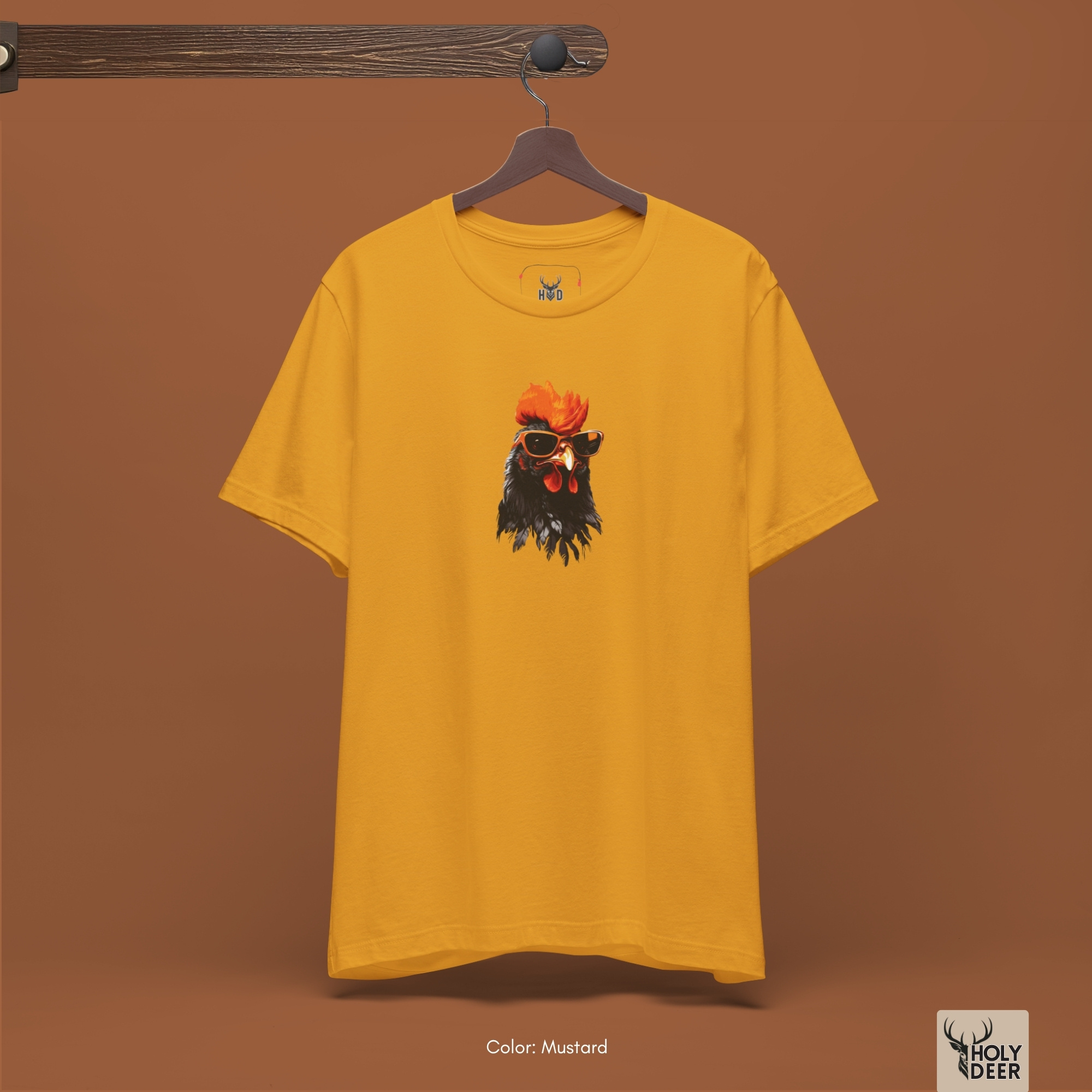 Minimalist white backdrop focusing heavily on the standalone silhouette of the Cool Rooster Tee by Holydeer, proving it acts as a unique artist gift and an essential black graphic tee piece.