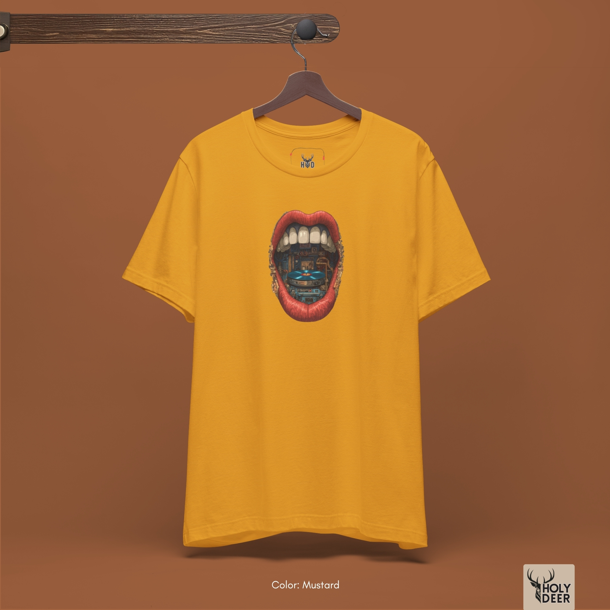 The signature Vinyl Record Tee hanging elegantly, highlighting the impeccable neck stitching, the vivid surreal music top art, and the official holydeer.com retail tag presence.