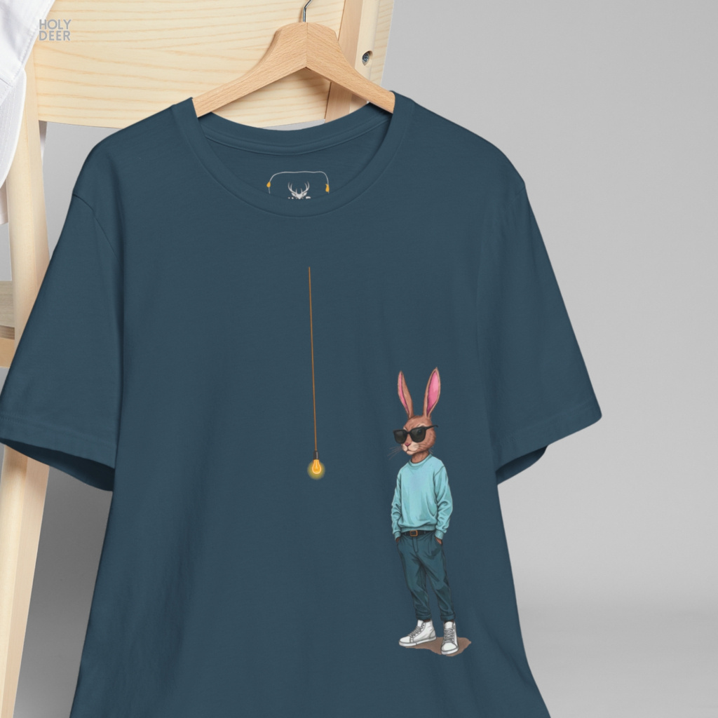 Industrial concrete gallery architecture outdoor lifestyle model wearing the centered Cool Rabbit Shirt from Holydeer Clothing, standing as a high-end creative mind wear statement matching elite quirky streetwear trends.