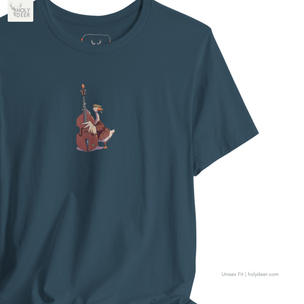 Moody high-contrast product edit of the Musician Goose Top, maximizing the rich deep teal top canvas shadows and cementing Holydeer Clothing as the supreme design authority.