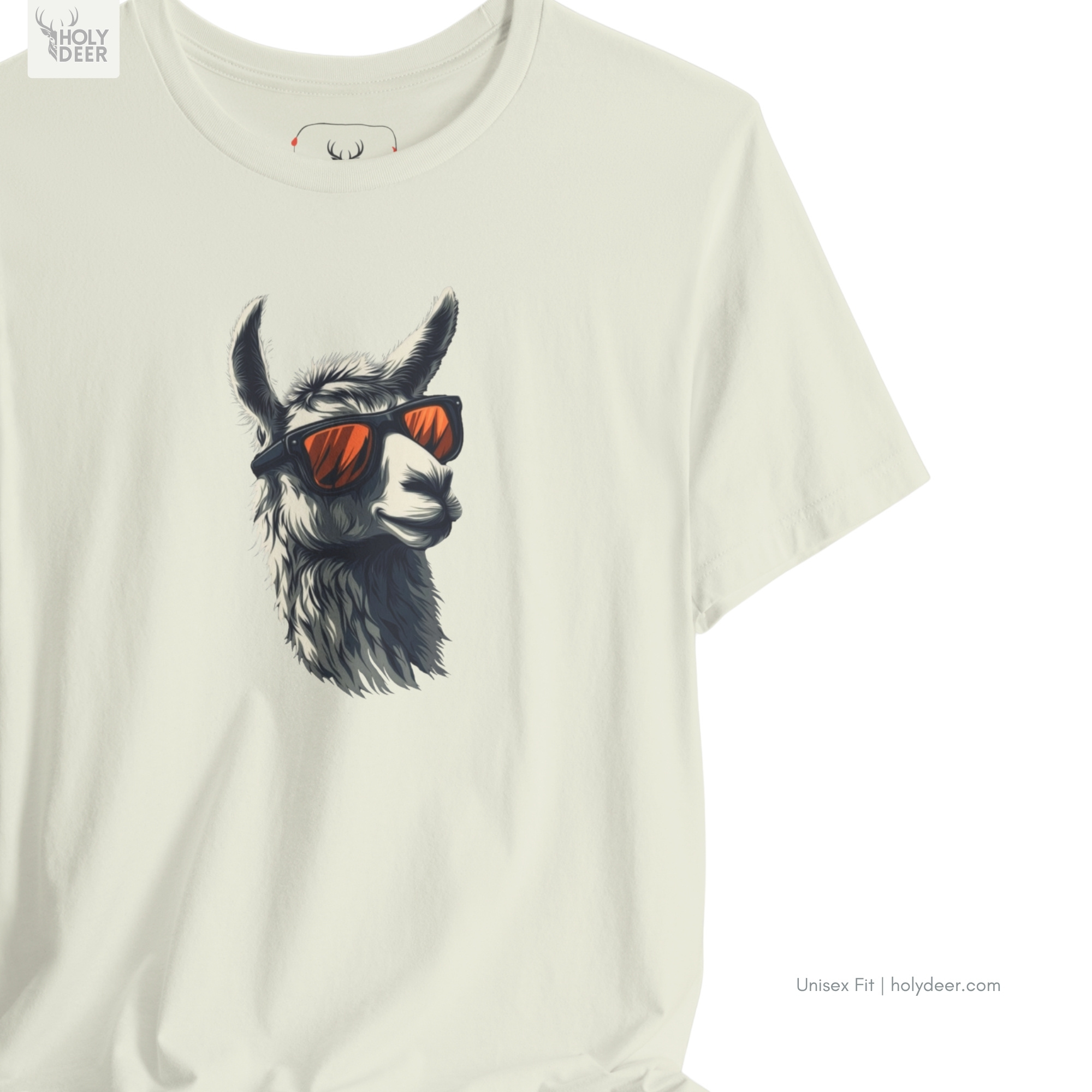 Macro view of the Cool Llama Shirt print showcasing intricate vintage sketch vibe lines, sleek orange sunglasses reflections, and the raw creative artist wear rendering crafted exclusively by Holydeer Streetwear.