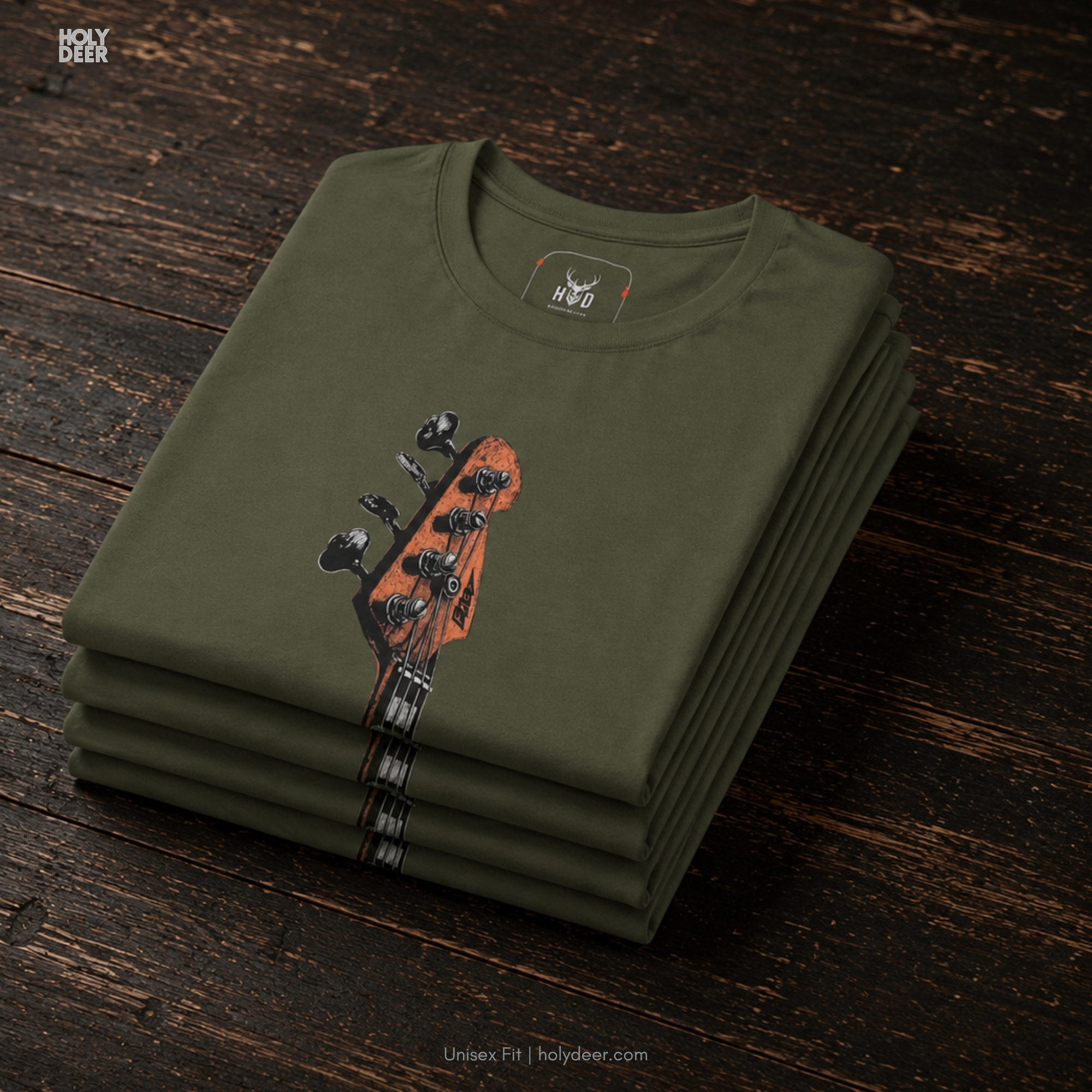 The iconic Bass Guitar Tee hanging cleanly on a wood hanger, highlighting the robust collar lines, clean jazz bassist shirt artwork, and the official holydeer.com premium label finish.