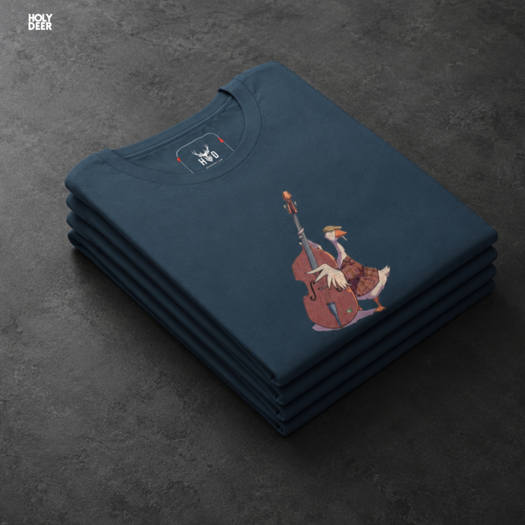 Macro view of the fine line-art details and shading on the goose's webbed feet and subtle instrument shadow floor lines embedded in the Musician Goose Top artwork, showing the print depth that separates this holydeer tee from generic products.