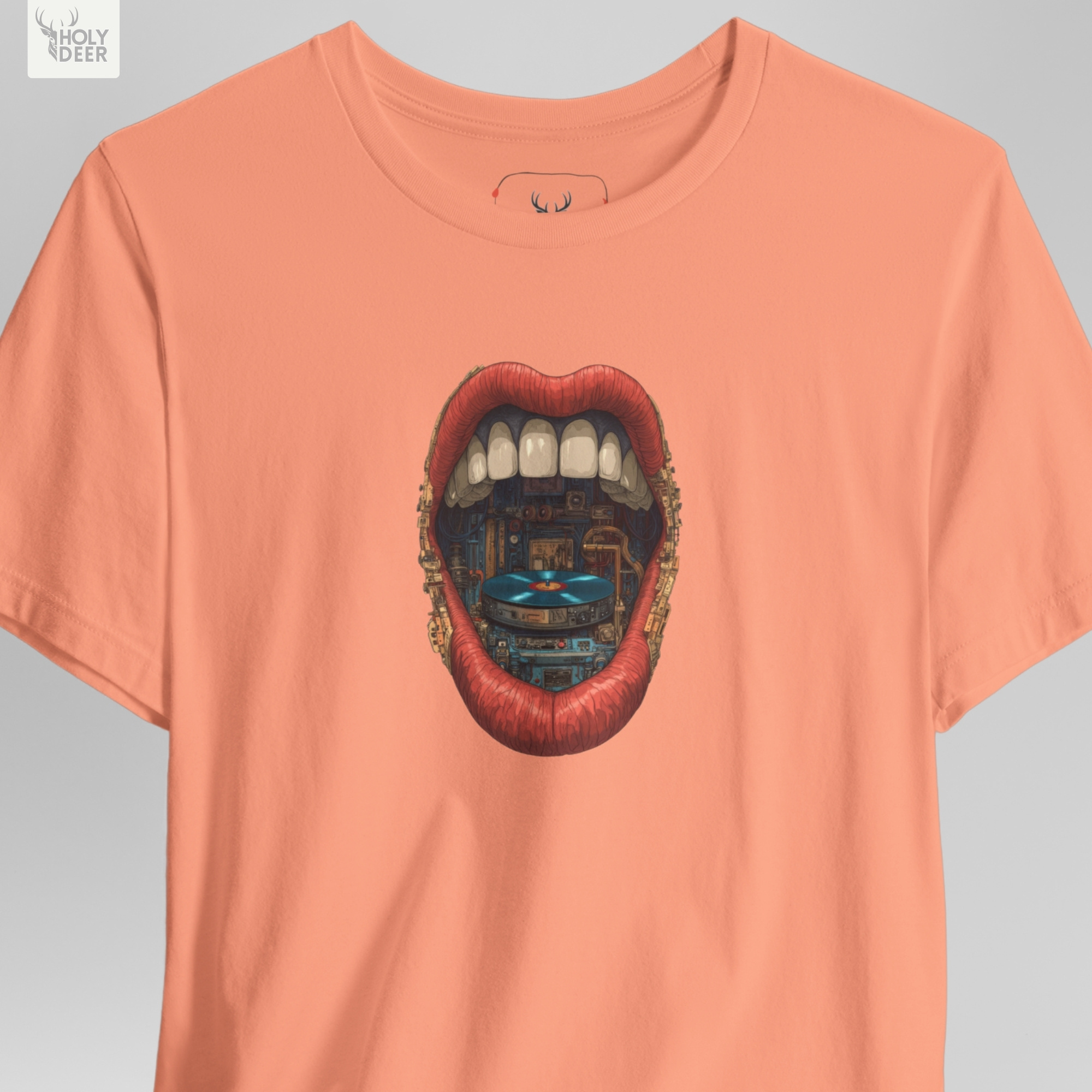 Professional flat lay photography of the Vinyl Record Tee by Holydeer Apparel, neatly arranged alongside premium retro music apparel accents and elite aesthetic vinyl art concept boards.