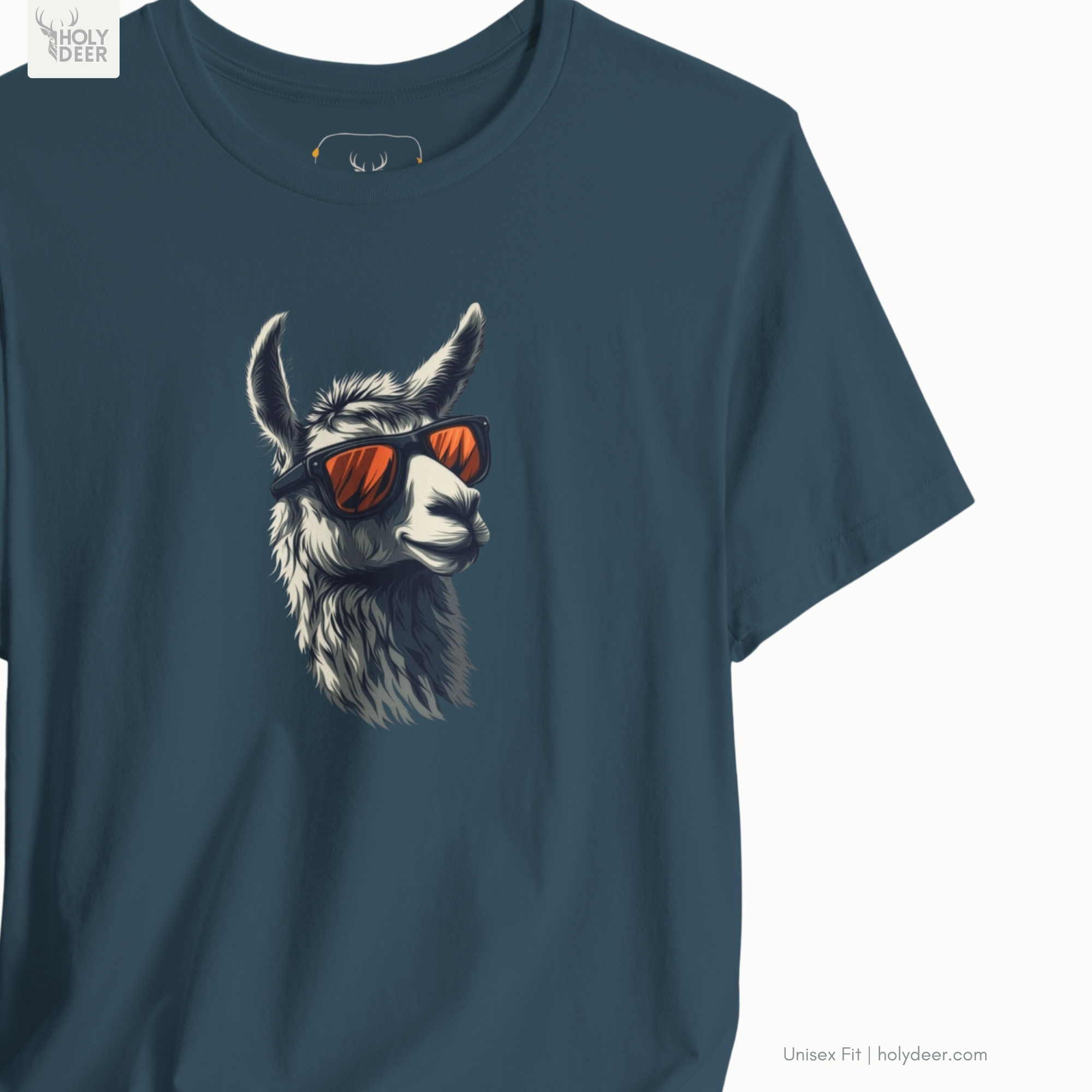 Professional flat lay photography of the Cool Llama Shirt by Holydeer Apparel, arranged elegantly next to premium creative artist wear designs and high-end unique whimsical animal art accessories.