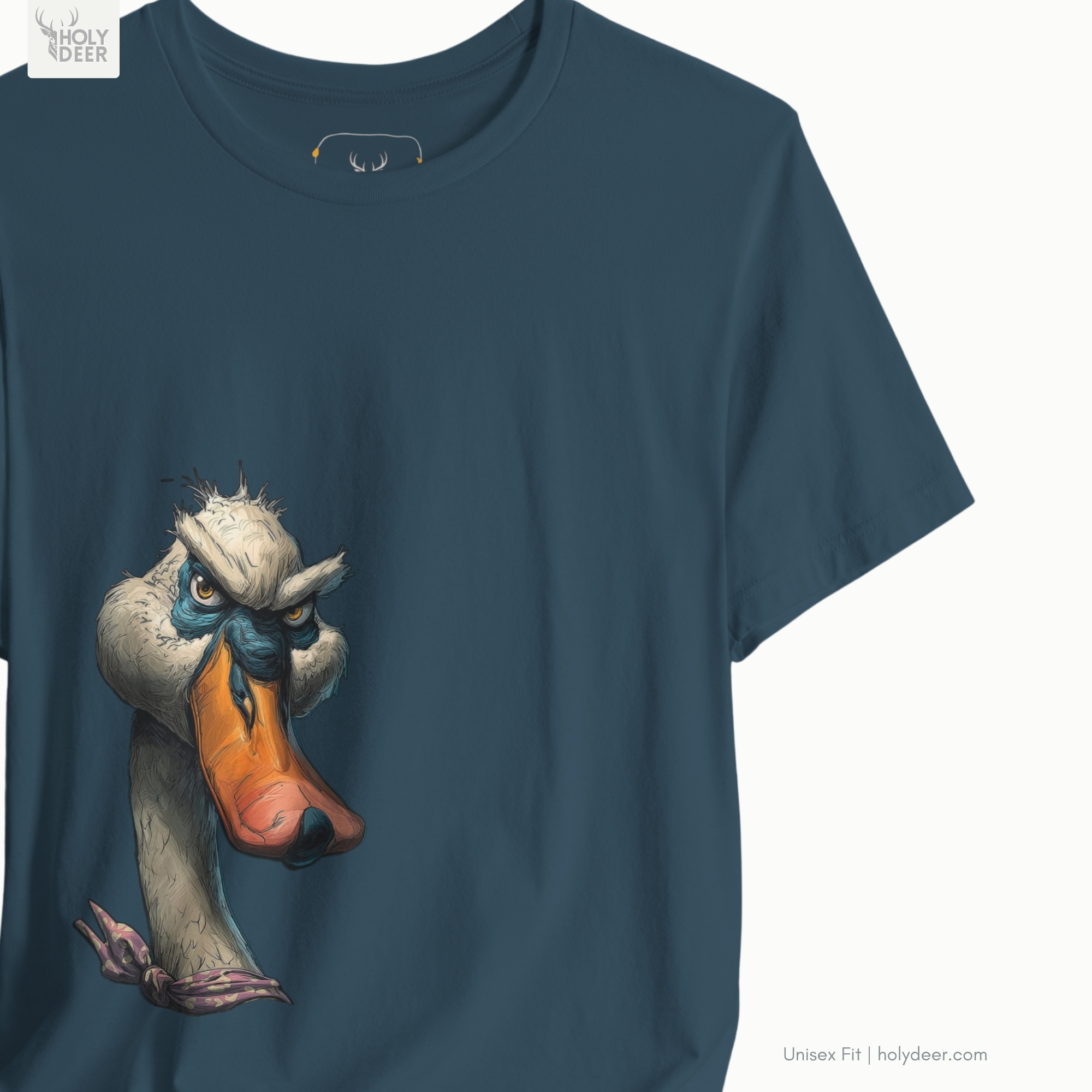 Angled perspective of the premium screen-printed Grumpy Duck Shirt, detailing the thick paint feel, angry goose tee alignment, and the signature holydeer tee high-contrast look.
