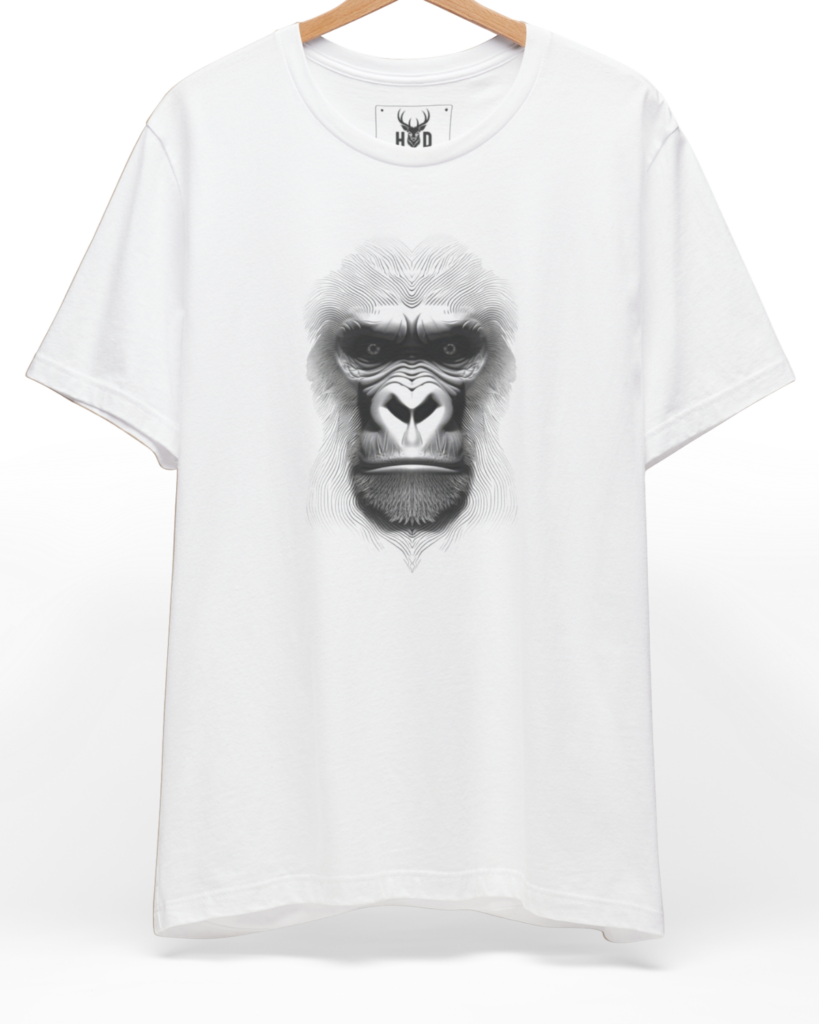 Premium Gorilla Graphic Tee displaying a unique aesthetic ape shirt ideas vintage line art silhouette cotton studio holydeer layout on a white graphic tee backdrop, designed by Holydeer Clothing.