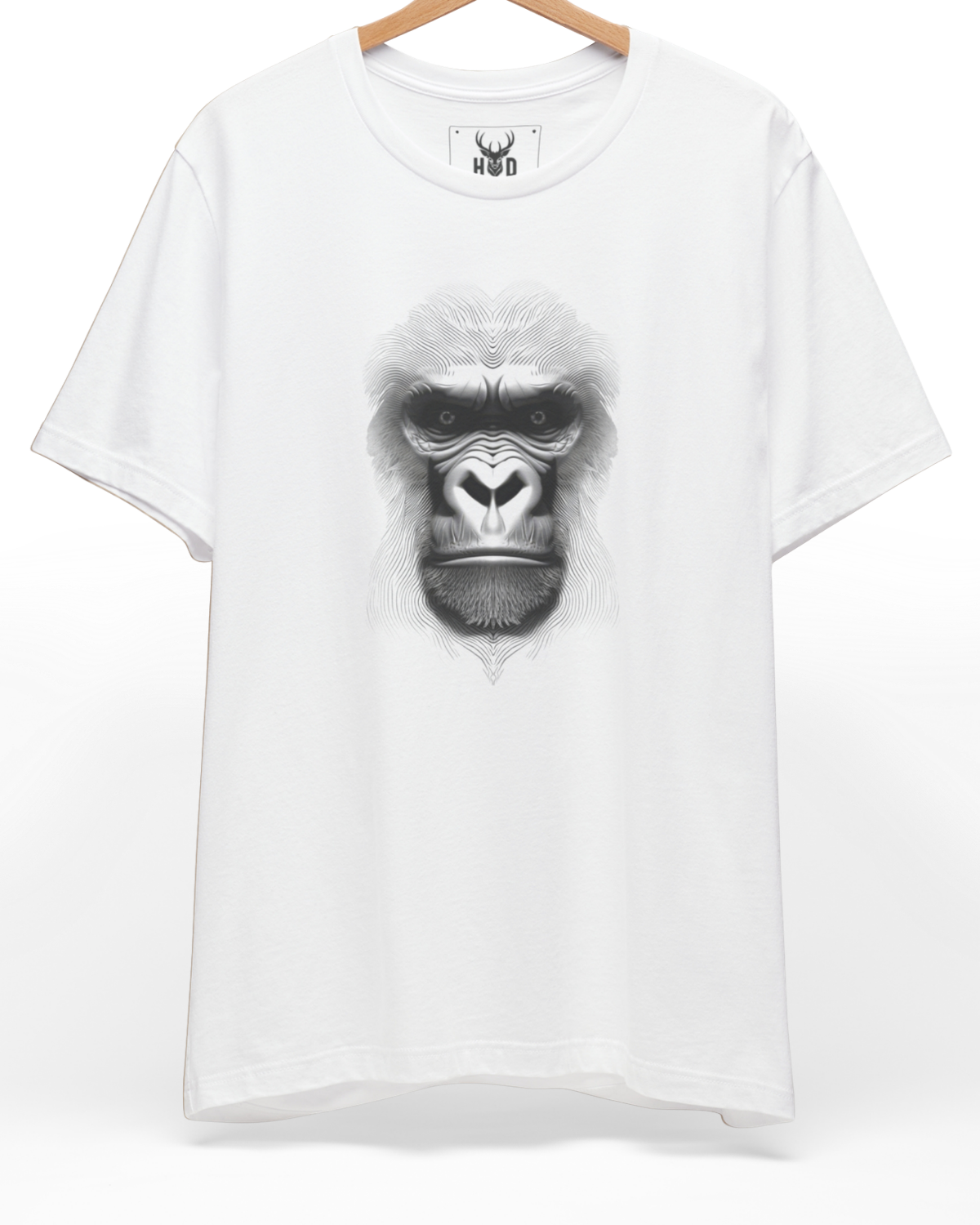 Premium Gorilla Graphic Tee displaying a unique aesthetic ape shirt ideas vintage line art silhouette cotton studio holydeer layout on a white graphic tee backdrop, designed by Holydeer Clothing.