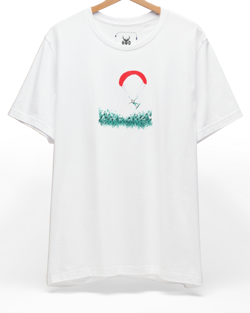 Front perspective of the coastal-heritage-surreal-design-search-aesthetic-activewear-art.jpg garment showing the vibrant minimalist print on a premium cream Holydeer shirt.