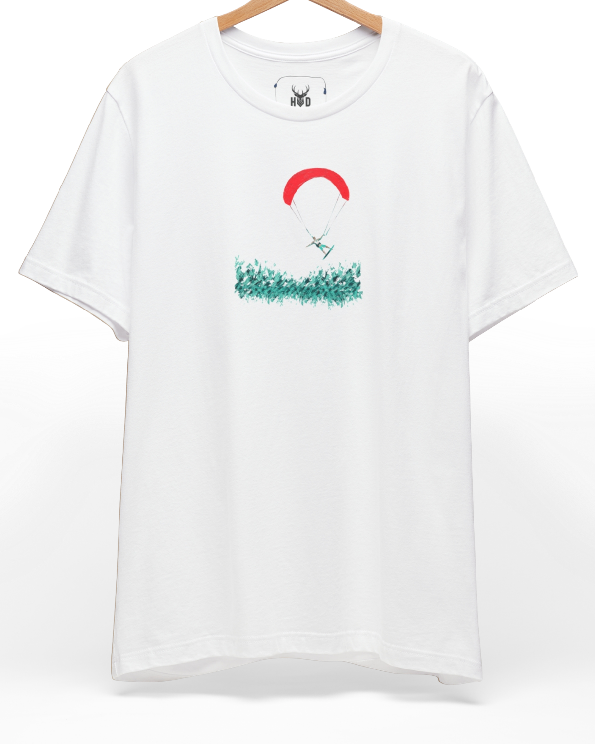 Front perspective of the coastal-heritage-surreal-design-search-aesthetic-activewear-art.jpg garment showing the vibrant minimalist print on a premium cream Holydeer shirt.
