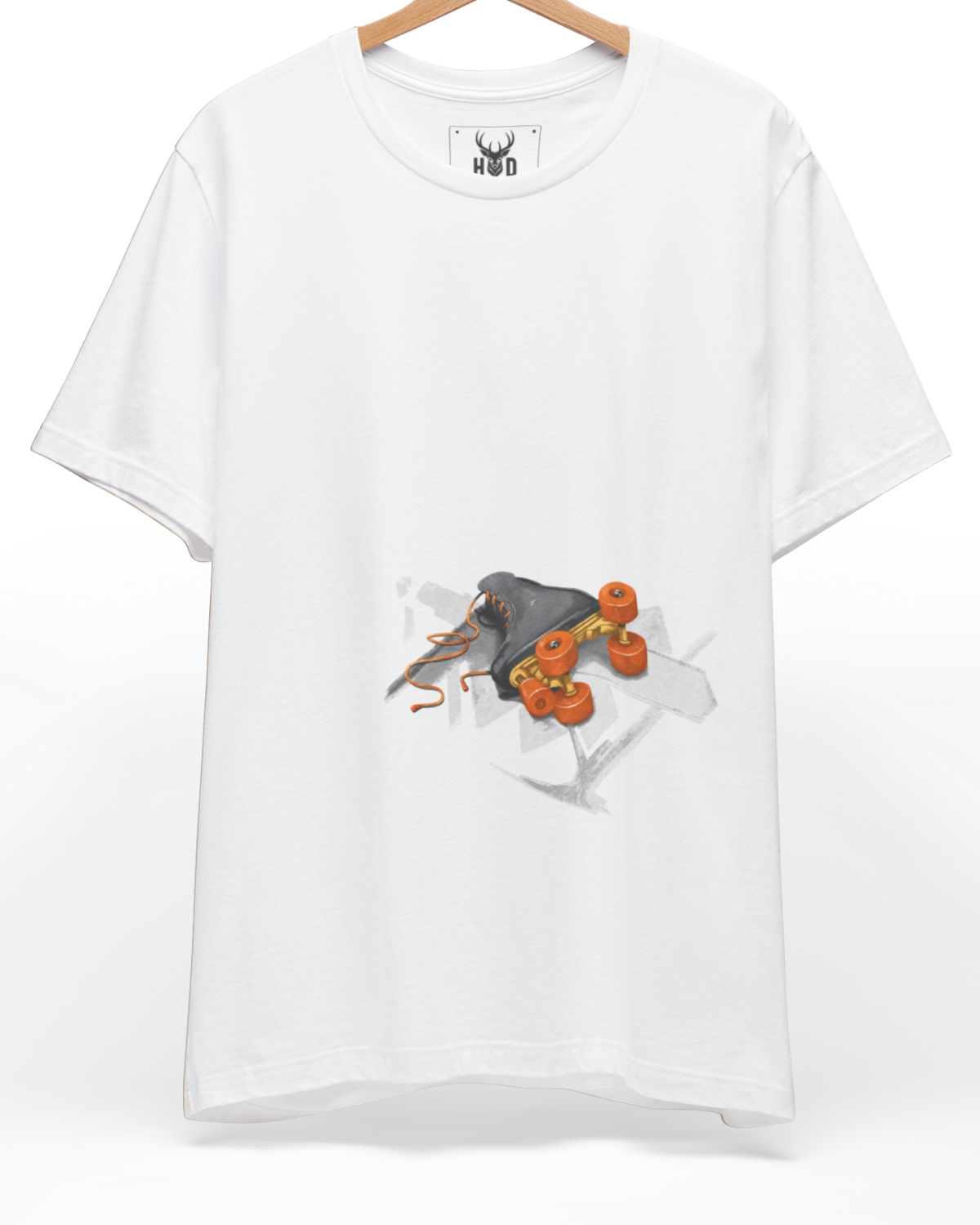 Front perspective of the roller-derby-gift-white-tee-skate-culture-wear-fashion-unique-gift-holydeer.jpg garment showing the minimalist print on a premium white Holydeer shirt.