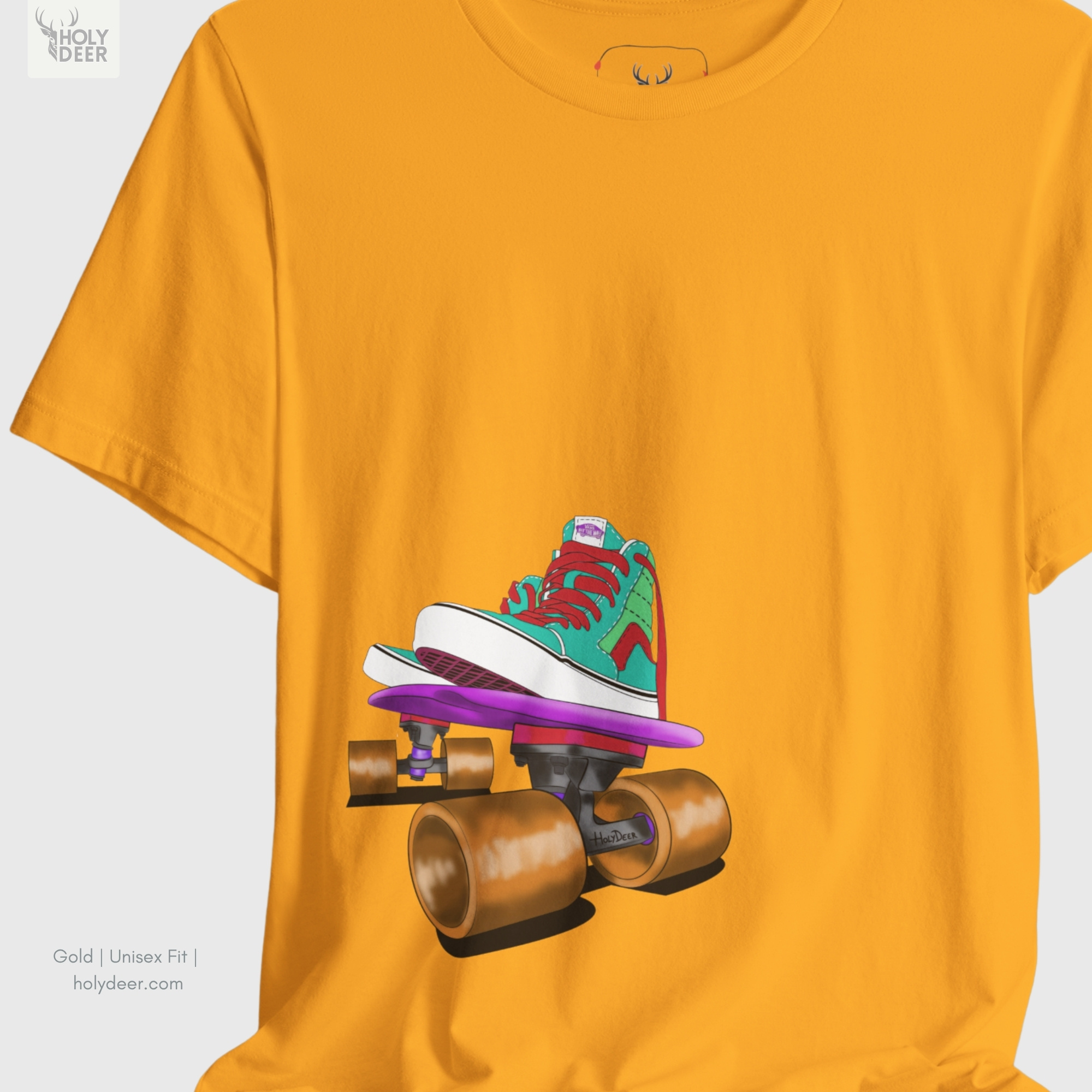 An extreme close-up view focusing directly on the colorful high-top footwear icon printed on the Holydeer Streetwear Skater Graphic Tee. The macro layer uncovers fine sketch borders, deep red shoelace color blocks, contrasting emerald green panels, and crisp clean lines that separate this unique artist gift from generic fast-fashion items.