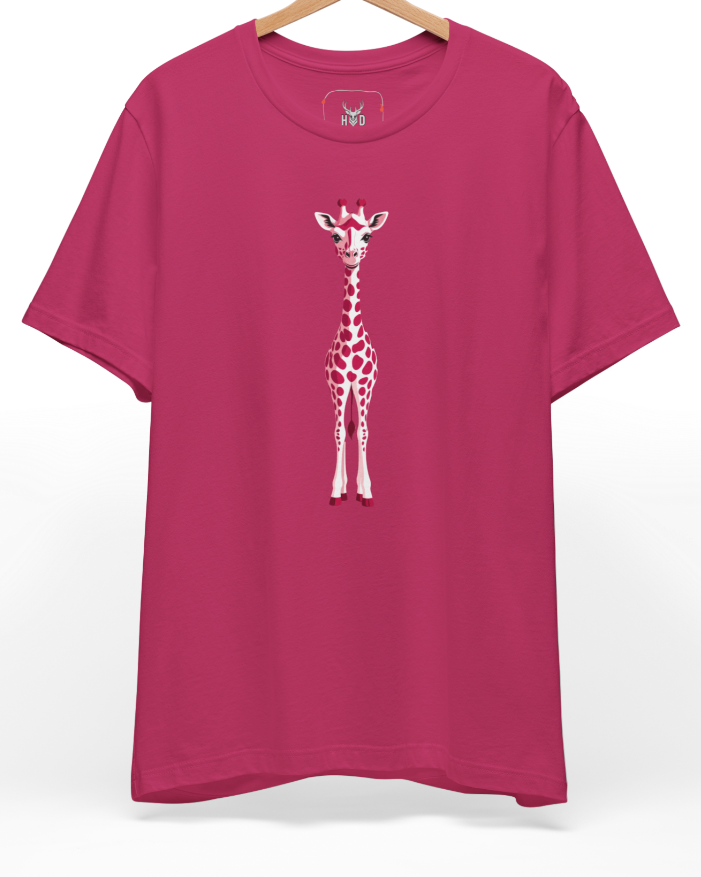Studio frame of the item displaying the miniature pink spot animal illustration on a rich berry apparel base.