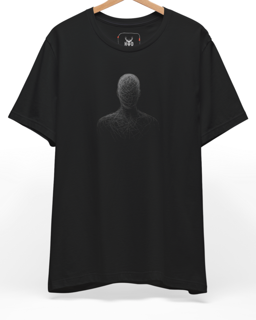 A high-end display of the official Holydeer Abstract Bust Tee showcasing unique Boutique Streetwear design lines. The central Wireframe Portrait graphic features a miniature Minimalist Line Art layout centering a detailed Cyber Silhouette human shape woven from thin white overlapping lines printed squarely on a black shirt canvas.