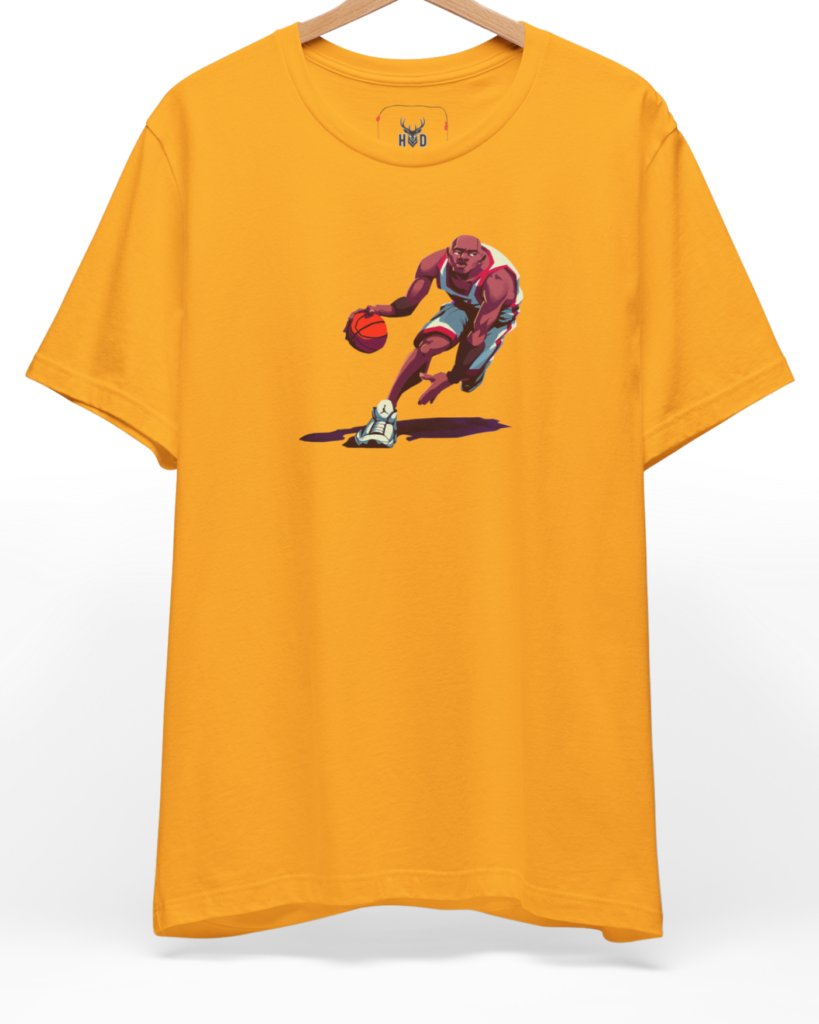 A high-end display of the official Holydeer Basketball Shirt showcasing unique Streetball Apparel design lines. The central Legendary 23 Shirt graphic features a miniature Dribble Concept T layout centering a detailed Urban Baller Tee player ankle-breaking with sharp nba tshirt movement vectors printed squarely on a gold shirt canvas.