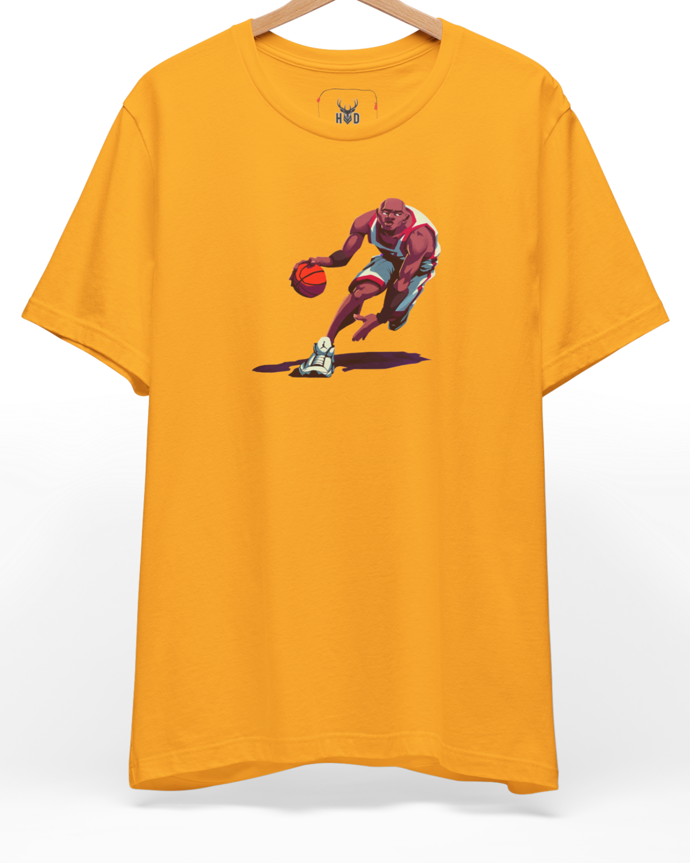 A high-end display of the official Holydeer Basketball Shirt showcasing unique Streetball Apparel design lines. The central Legendary 23 Shirt graphic features a miniature Dribble Concept T layout centering a detailed Urban Baller Tee player ankle-breaking with sharp nba tshirt movement vectors printed squarely on a gold shirt canvas.