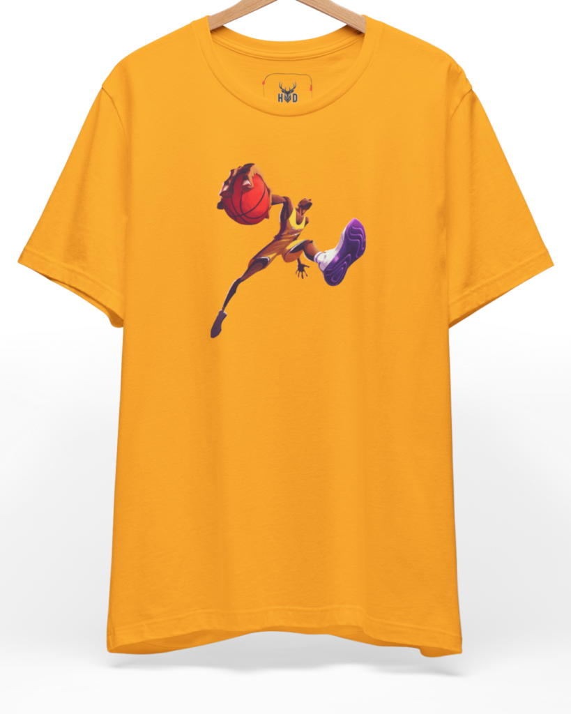A studio-lit showcase of the official Holydeer Basketball Shirt suspended from a modern steel hanger assembly. The central Streetball Apparel print utilizes a radical fisheye lens perspective, magnifying the player's hand and red basketball as they launch into a gravity-defying dunk contest shirt pose on a clean gold background.