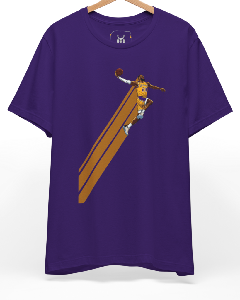 A high-end display of the official Holydeer Basketball Shirt showcasing unique Streetball Apparel design lines. The central Legendary 23 Shirt graphic features a miniature Retro Hoops Art layout centering a detailed Urban Baller Tee player airborne with dynamic yellow trail stripes printed squarely on a team purple shirt canvas.